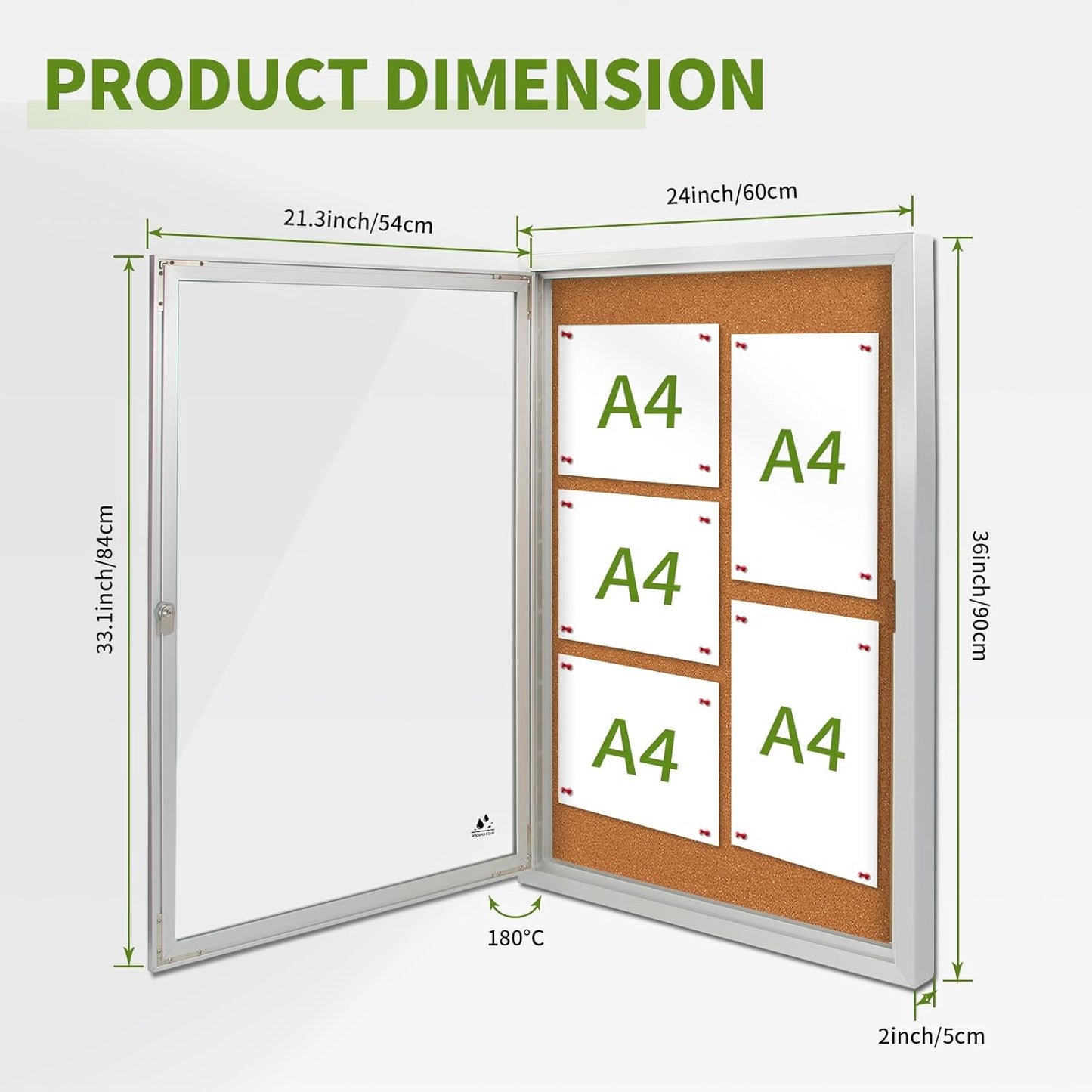 Lockable Outdoor Enclosed Bulletin Board, Weatherproof Cork Noticeboard with Locking Door, Wall-Mounted Aluminum Framed Display Case for Messages,36x24in (5xA4)