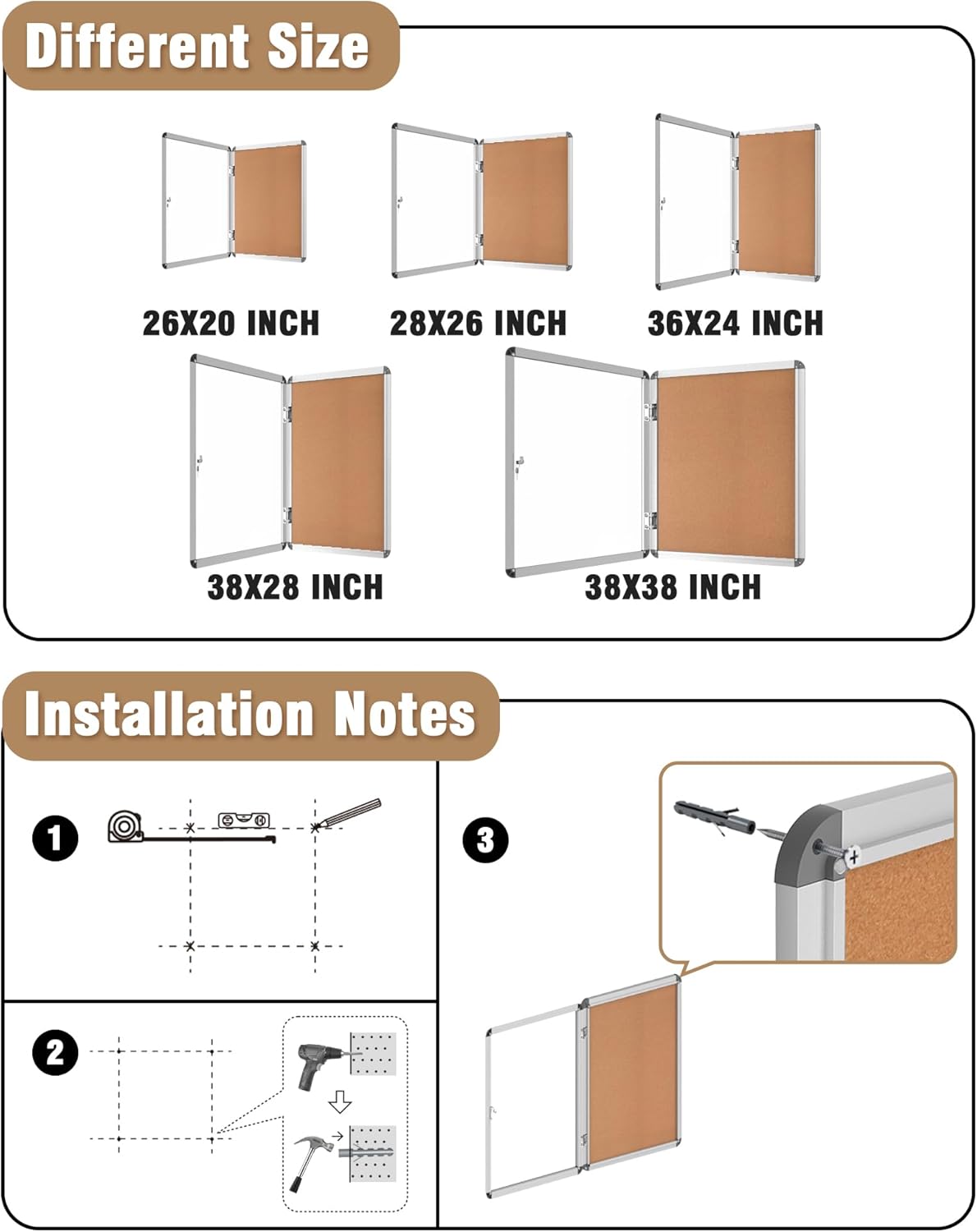 36"x24" Enclosed Bulletin Board, Lockable Weather-Resistant Aluminum Cork Noticeboard for School & Office, Silver Frame w/Cork