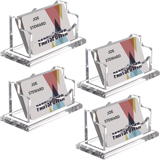 PARTSPOWER 4 Packs Acrylic Business Card Holders for Desk, Horizontal Clear Business Name Card Display Stand, Desk Accessory Business Name Card Organizer (Horizontal, 1-Slot)