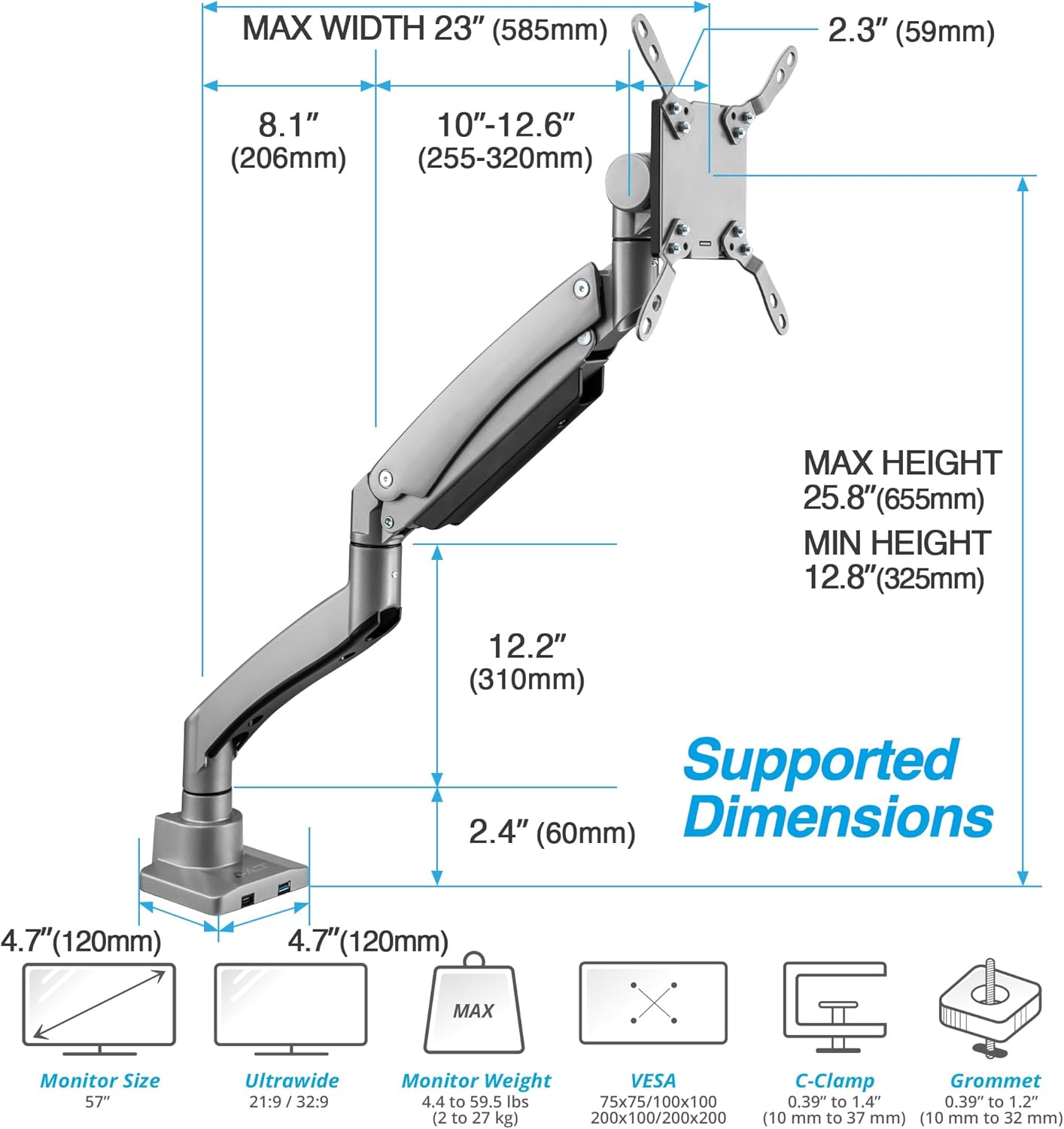 AVLT Single 17"-57" Super Ultrawide Monitor Arm for Screens Up to 59.5 lbs, Premium Aluminum Desk Stand, Adjustable Pneumatic Height, Full Motion Swivel Tilt Rotation, USB-C & USB-A Ports, Gray