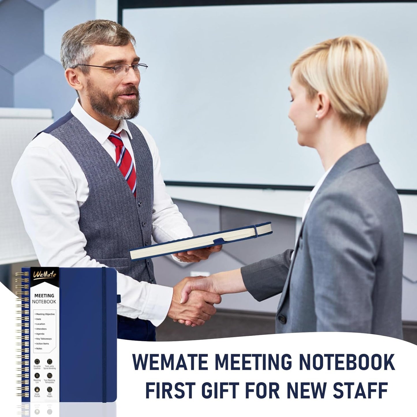 WEMATE Meeting Notebook for Work B5 (7"x10") - PU Leather Work Notebook with Agenda, Action Items & Notes - 200 Pages for Men&Women, Staff and Students, Meeting, Projects Planning - Dark Blue