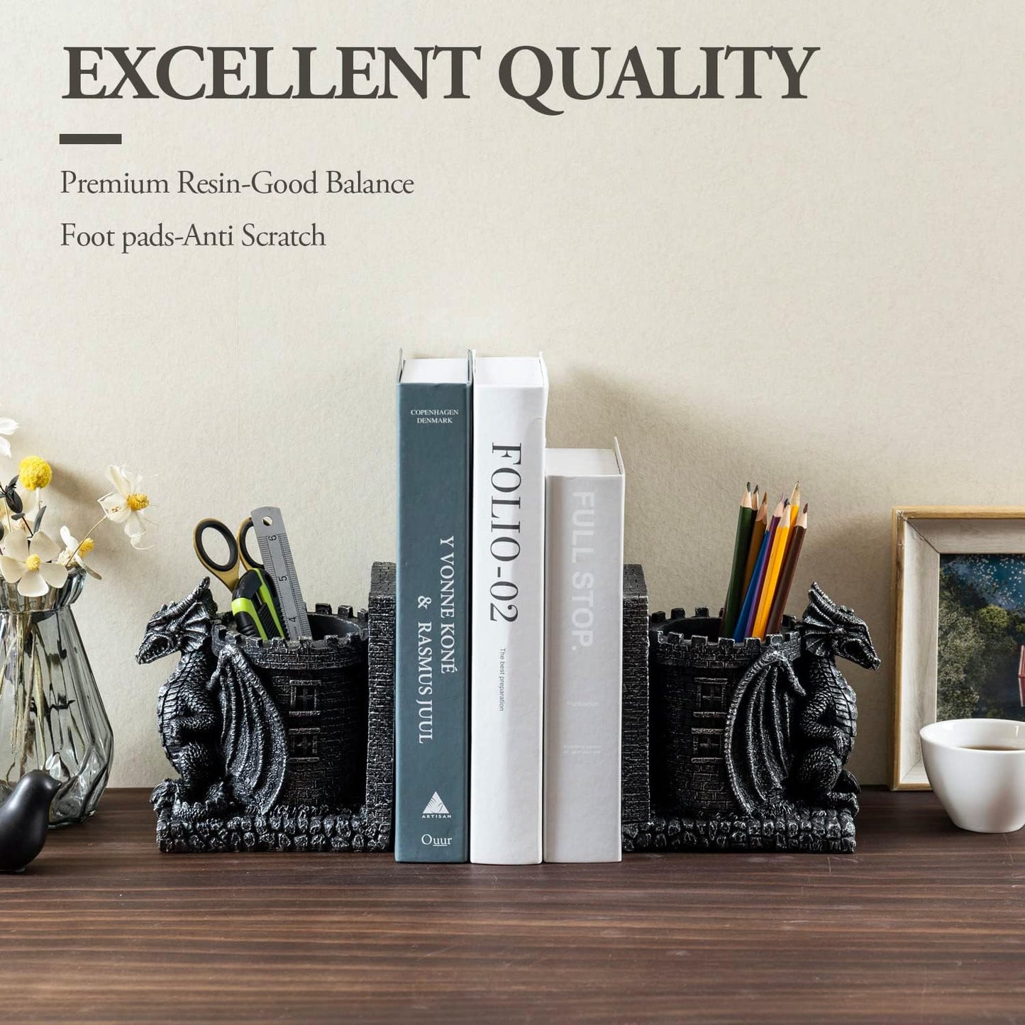 MyGift Gothic Black Resin Dragon Guarding Castle Pencil Cup Bookends, Office Desk Book Ends with Decorative Fantasy Dragons and Stone Tower Pen Holders, 1 Pair