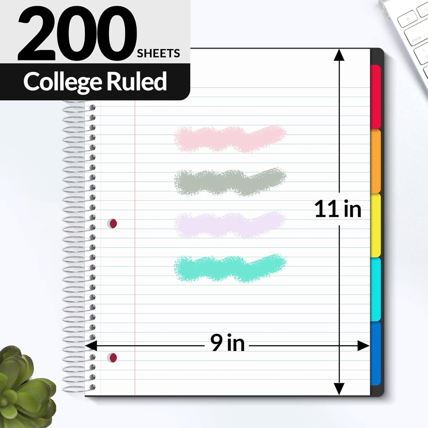 SUNEE 5 Subject Notebook College Ruled - 400 Pages, 9"x11", 5 Pocket Colored Dividers, 3-Hole Punched Paper, Black