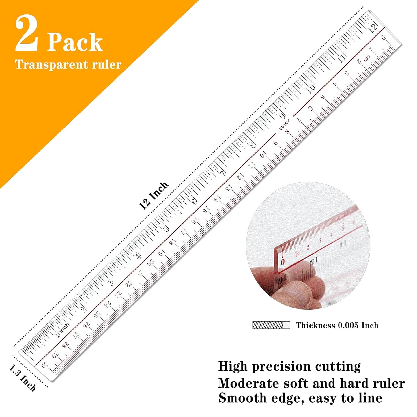 Ruler 12 inch, Clear Plastic inch Ruler, Apply to Rulers for Kids and Office Use Measuring Tools, Transparent Metric Straight with Inches Centimeters, Set Pack of 2, Ruler 12 inch-14
