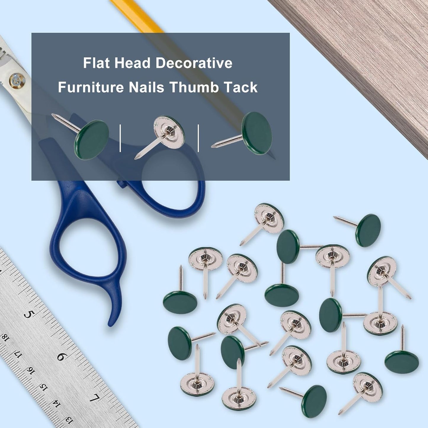 100Pcs Flat Head Upholstery Tacks Home Furniture Decor Tack Upholstery Nails Flat Push Pins Flat Thumb Tacks Green (11mmx17mm)