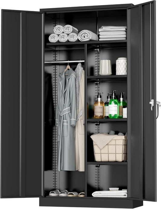 Greenvelly Metal Wardrobe Cabinet with Locking Doors, 72"H Black Metal Wardrobe Closet with Hanging Rods and Adjustable Shelves, Clothing Storage Closet for Home, Office, Employee, Gym (16" D x 32" W)