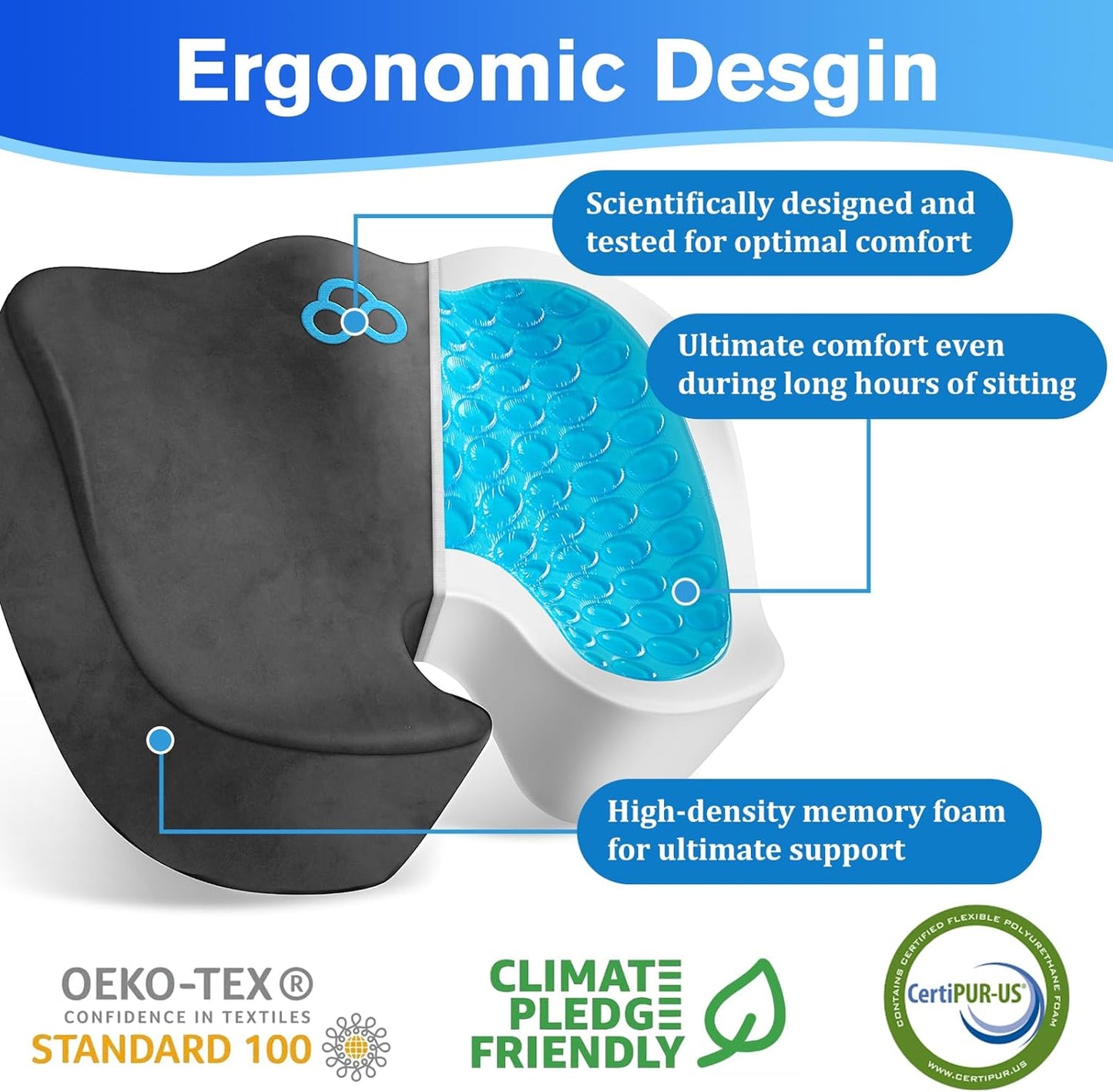 Seat Cushion, Gel Chair Cushions, Office Chair Cushions, Anti-Slip Bottom & Removable Cover Tailbone Pain Relief Cushion, Memory Foam Seat Cushion, 5.28 in Thick (Grey)