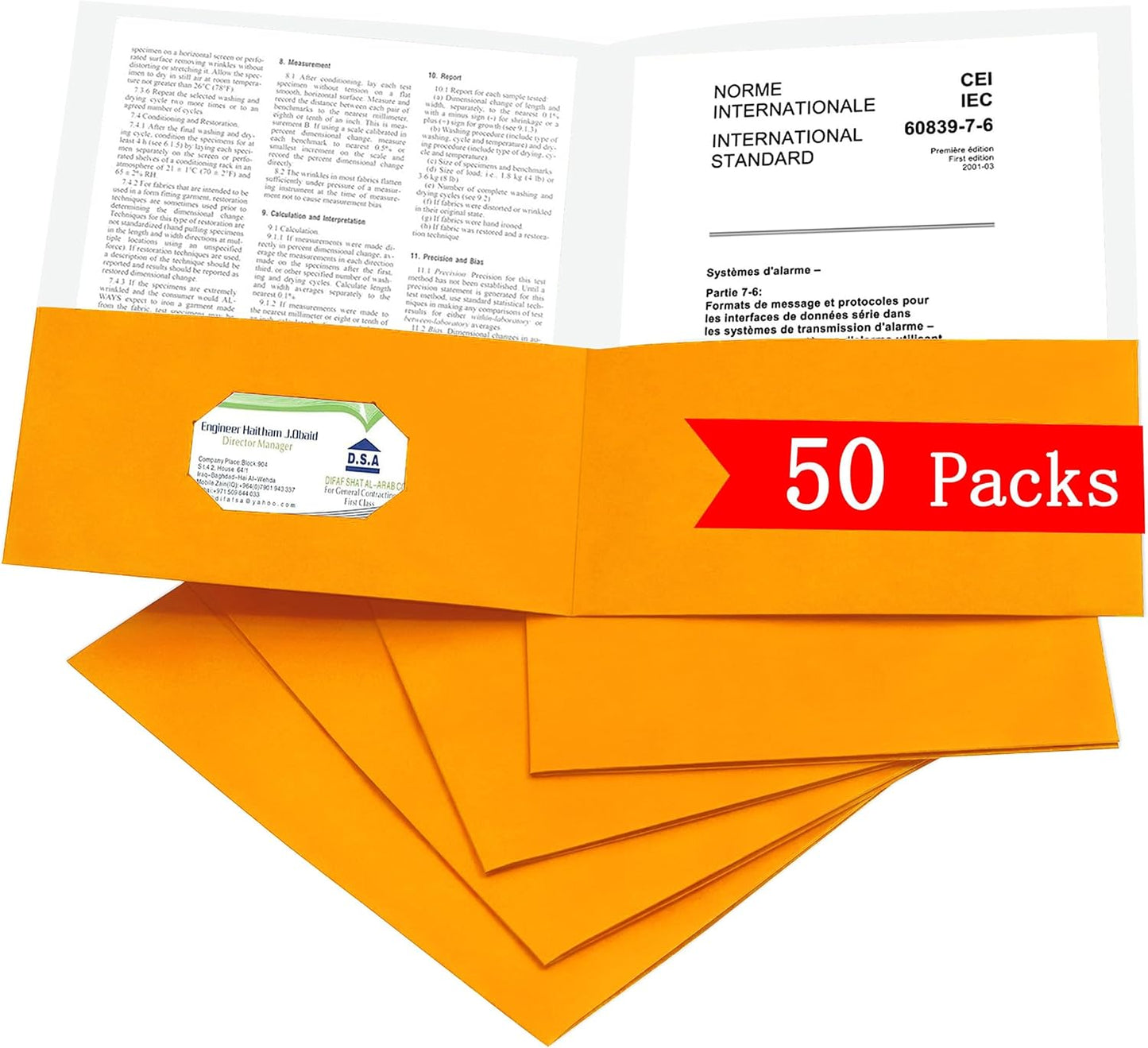 Zzrywuty 50 Packs Two Pocket File Folders with Business Card Slot,Textured Paper,Letter Size,Holds 100 Plus Sheets for School,Office,Business,Orange (Orange-50Pcs)