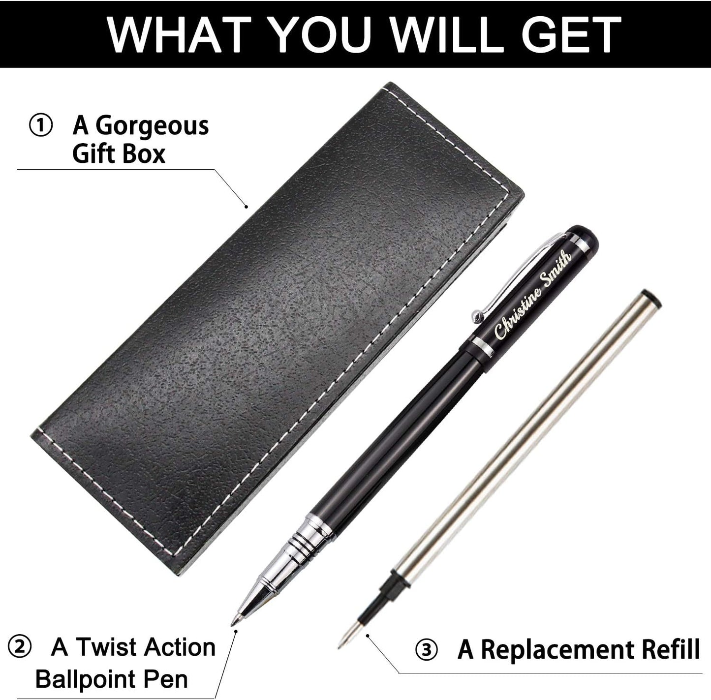 Amlion Personalized Pens Custom Engraved Pen with Name, Refillable Medium Refill, Personalized Gifts for Men Women