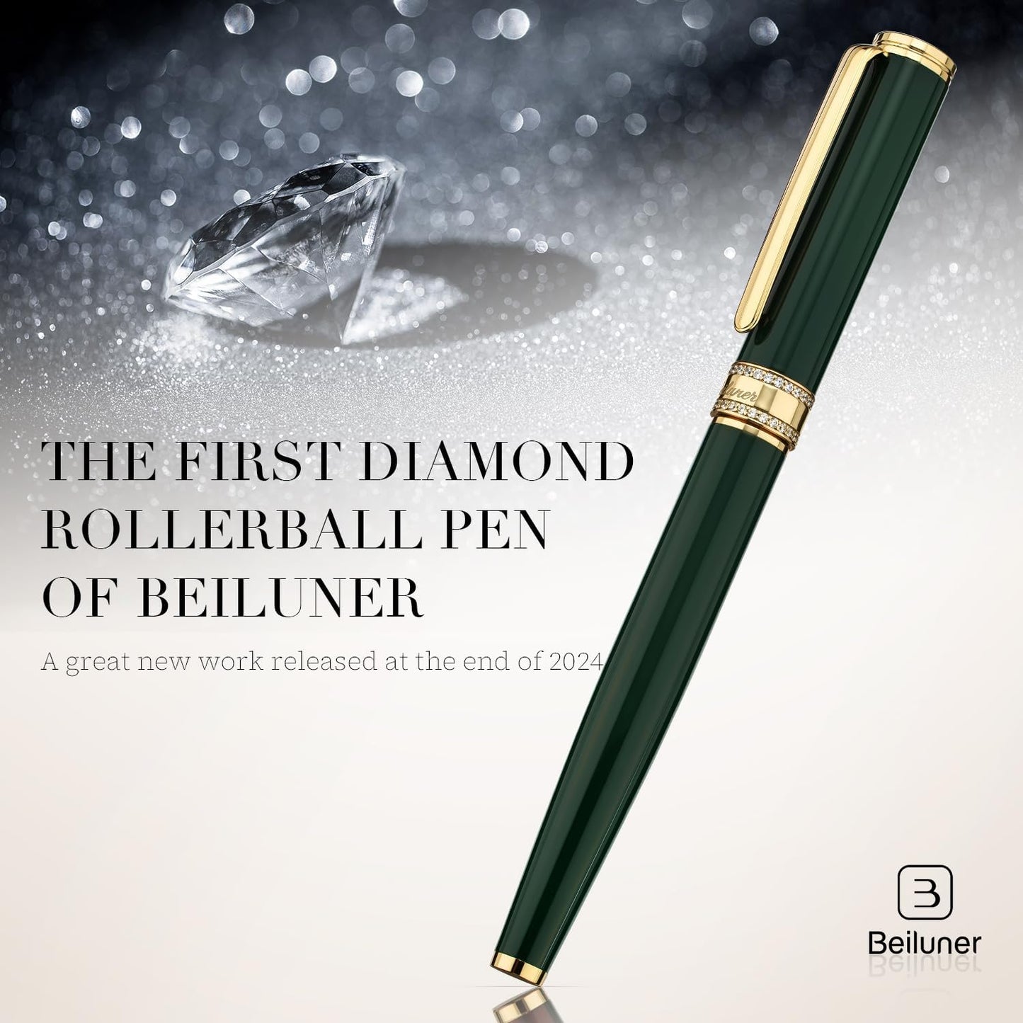 BEILUNER Green Lacquer Rollerball Pen, Diamond-Studded Cap Design, 24K Gold Trim, Noble and Elegant, Schneider Ink Refill, Best Pen Gift Set for Women & Men, Professional, Business Office, Nice Pens