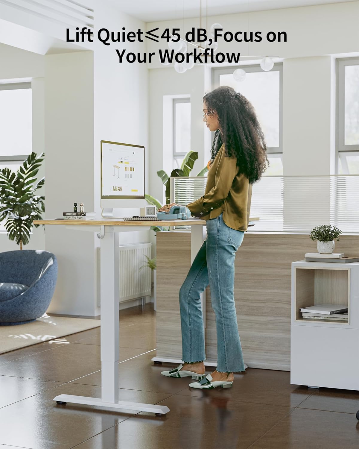 FEZIBO One-Piece Standing Desk Adjustable Height Stand up Home Office Desk, 48x24 Inch Electric Standing Computer Desk, with 4 Memory Presets, Fixable casters, Light Rustic