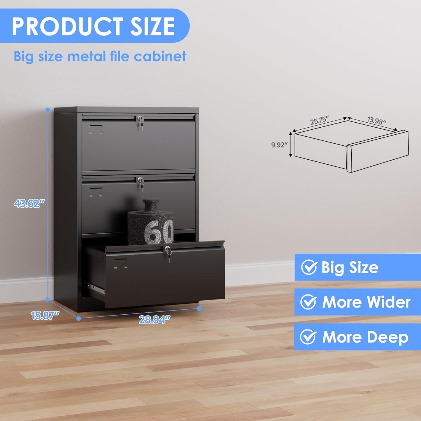 Metal 3 Drawer Lateral File Cabinet with 3 Lock - Wide Filing Cabinet for Letter/Legal/F4/A4 Hanging Files - Includes Business Card Holder,Home Office School Storage,Black