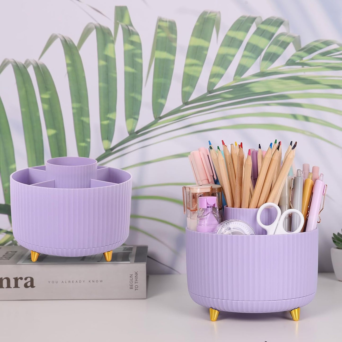 SKYDUE 2 Pack Pen Holder, 360 Degree Rotating Pencil Holder for Desk Organizer, Rotating Desktop Pen Organizer with 5 Slots, Office Supplies, Pencil Cup for Office, School, Home