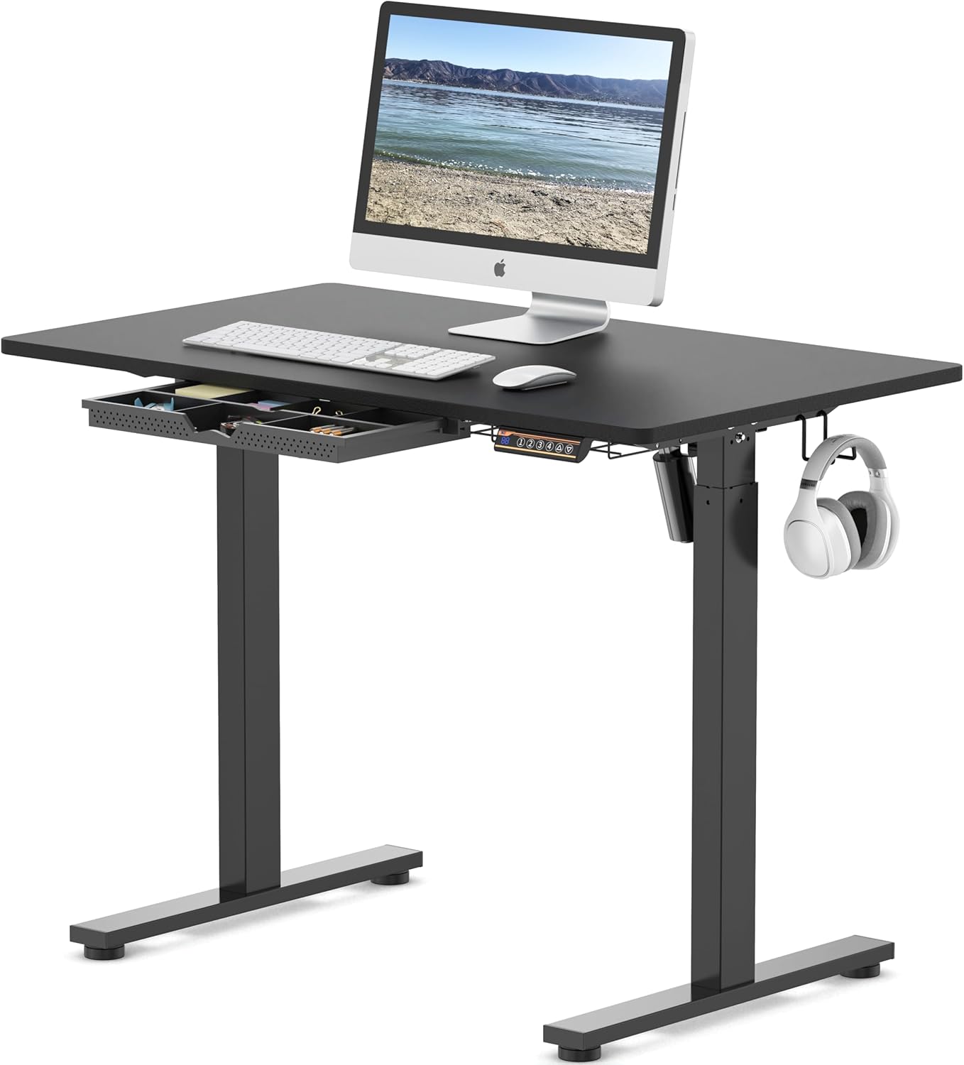 SHW 40-Inch Electric Height Adjustable Standing Desk with Drawer, Memory Preset and Cable Management Tray, Black