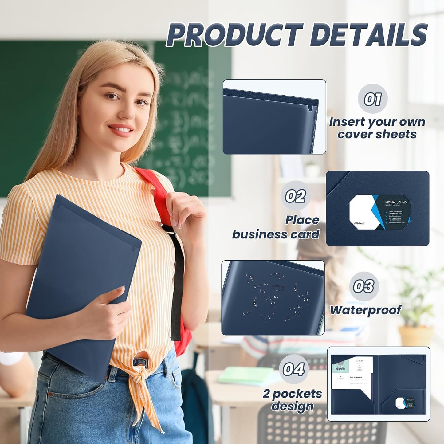 Henoyso 60 Pcs Plastic Folders with Clear Front Pockets Heavy Duty File Folders with 2 Pockets and Card Slot for Student Communication School Office (Navy Blue)