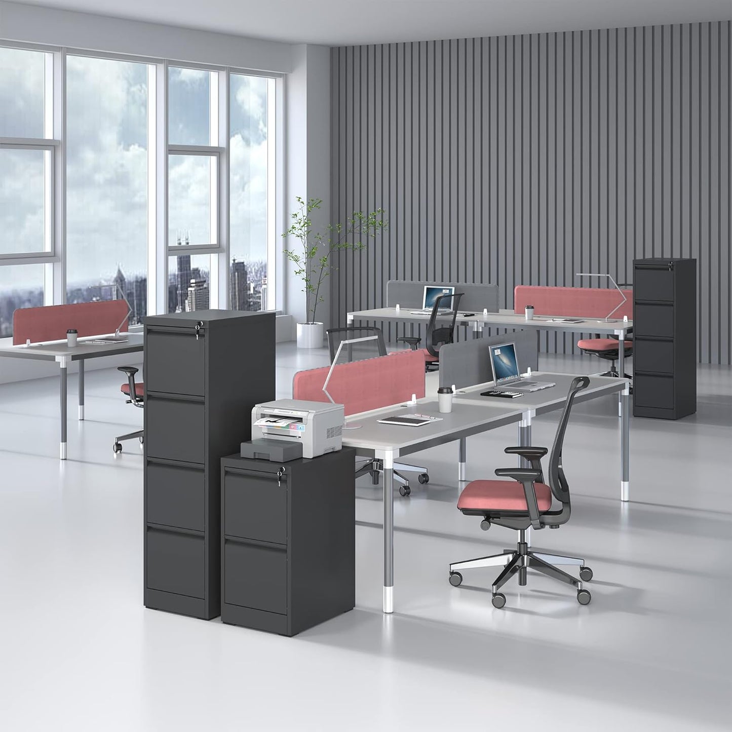 4 Drawer File Cabinet with Lock, Vertical Filing Cabinets for Home Office, Locking File Cabinet Hanging Files for A4/ Legal/Letter, Require Assembly, Black