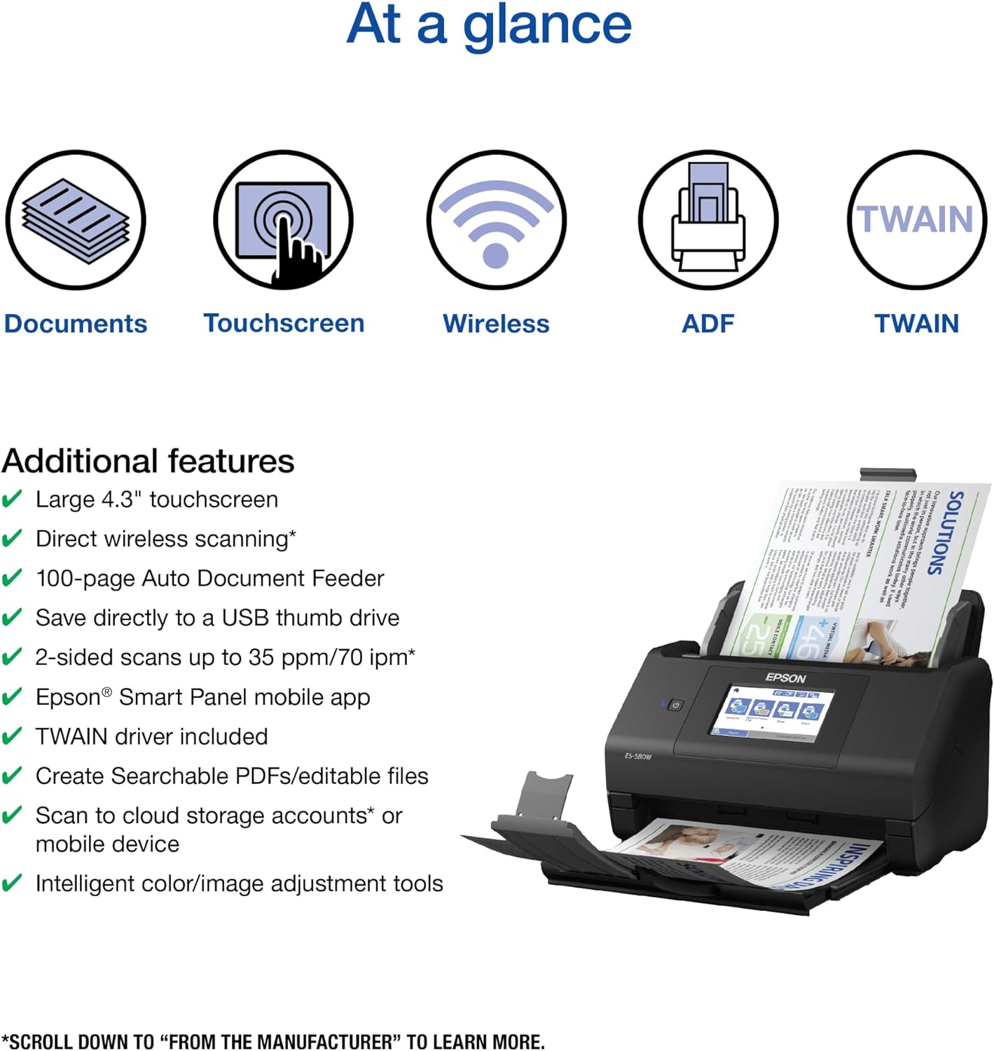 Epson Workforce ES-580W Wireless Color Duplex Desktop Document Scanner for PC and Mac with 100-sheet Auto Document Feeder (ADF) and Intuitive 4.3" Touchscreen