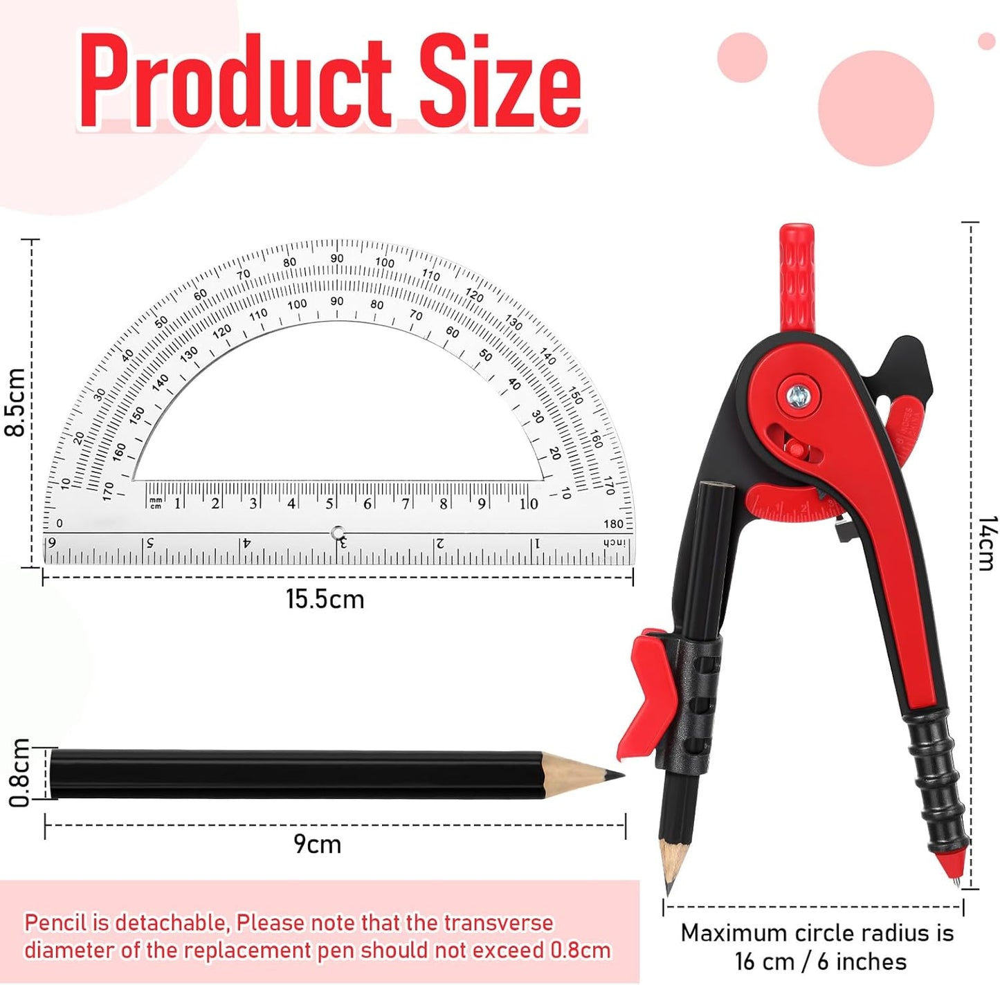 Eboot Red Student Geometry Math Set, Drawing Compass and 6 Inch Clear Swing Arm Protractors 180 Degree Math Protractor