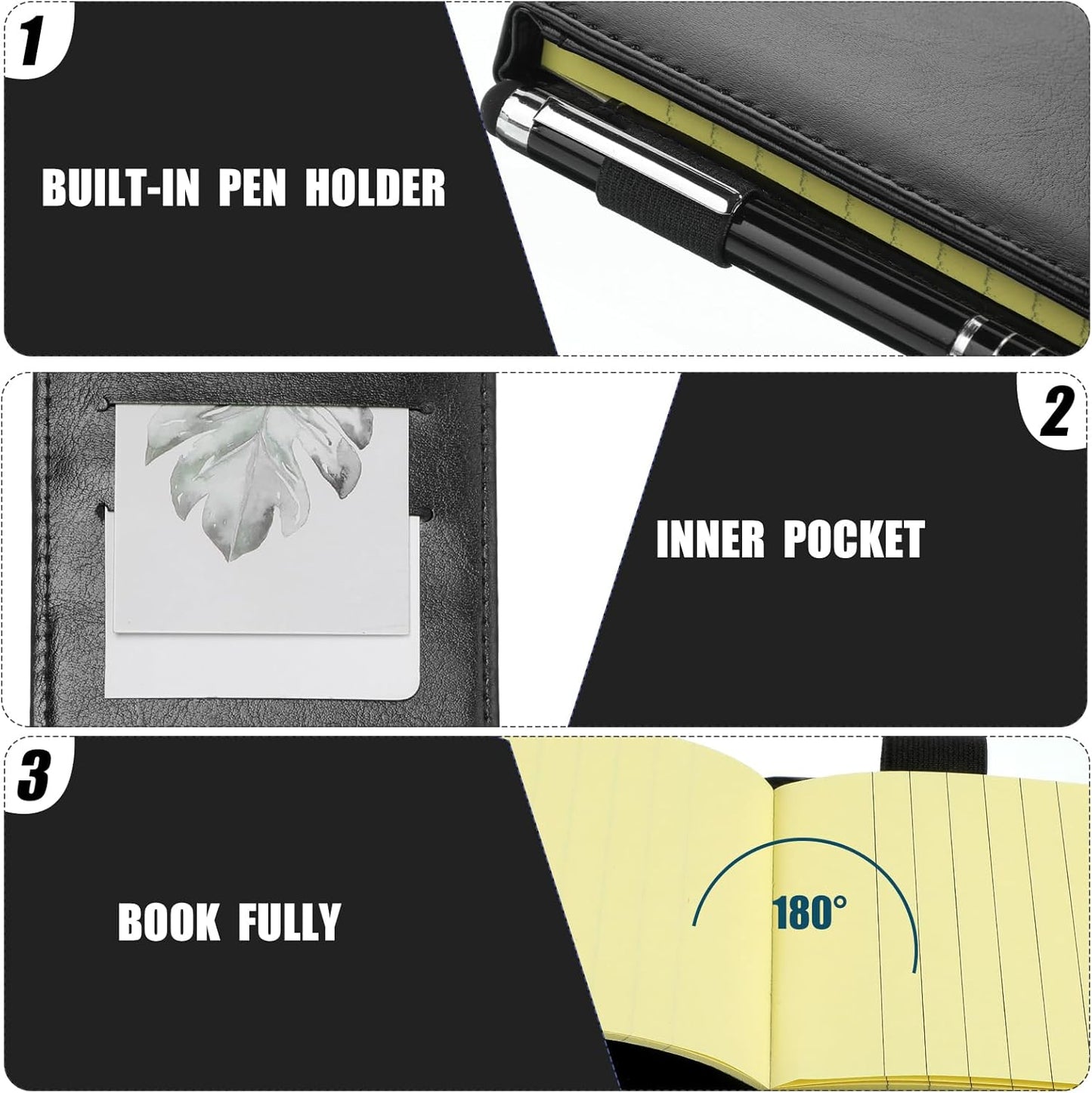 Outus 10 Pcs Pocket Notebook with Pen Set Included Mini Pocket Notepad Holder with 50 Lined Sheets, Metal Pen, 8 Pcs 3 x 5 Inch Memo Book Refills, 30 Lined Paper Per Note Pad (Black, Yellow)