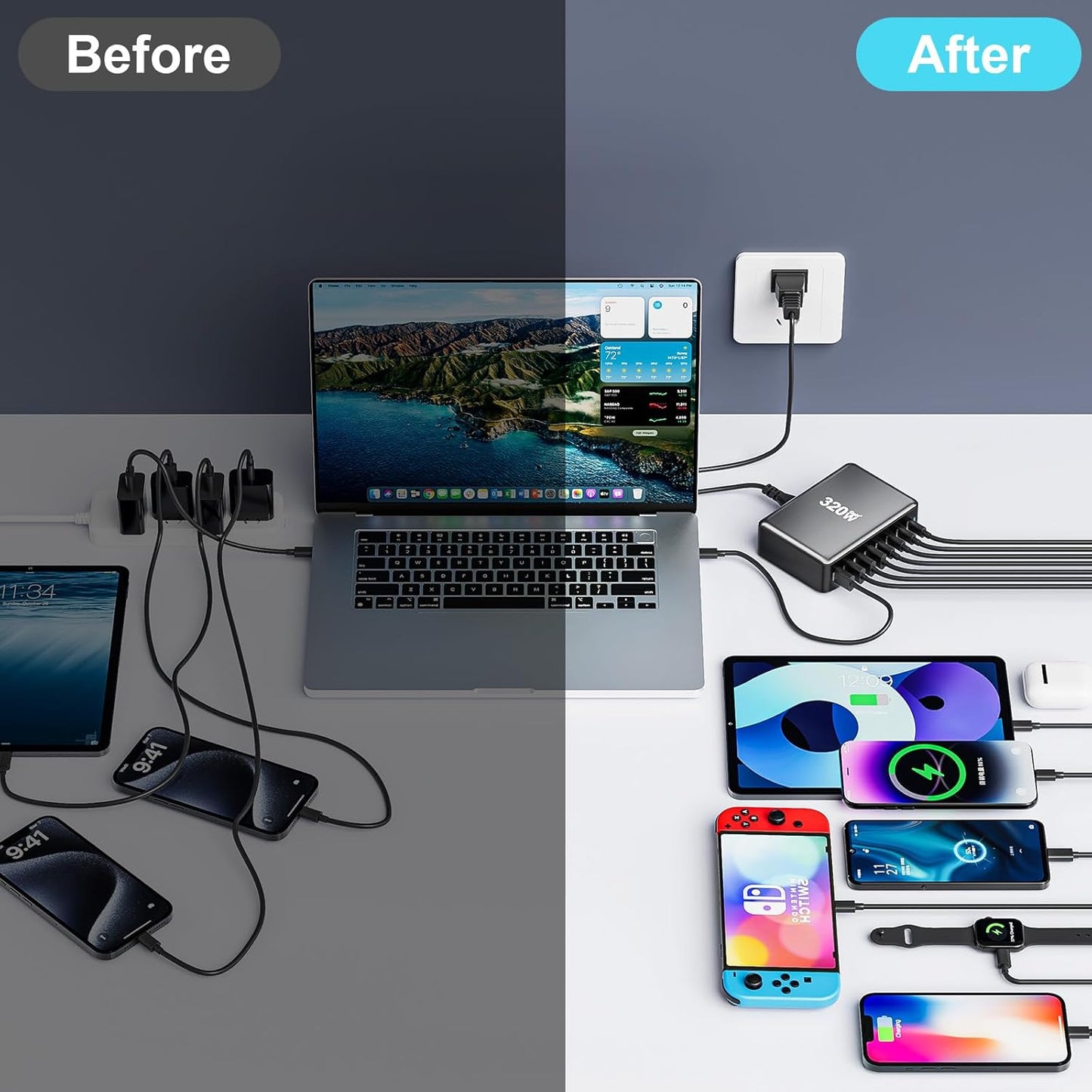 320W USB C Fast Charger Block, 8 Port USB Charging Station, GaN Ⅲ Pro 100W PD PPS Port Fast Charging Station Hub, Laptop Wall Charger Compatible with MacBook/iPhone 16/iPad/Galaxy S23/22 etc