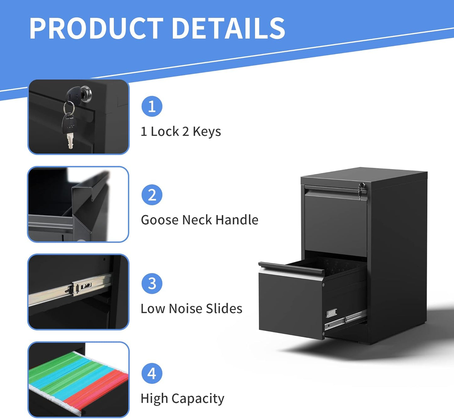 2 Drawer File Cabinet with Lock, Vertical File Cabinet with Lock, Locking File Cabinet Hanging Files for A4/ Legal/Letter,Black