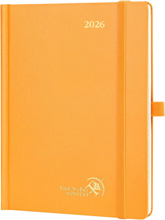 POPRUN 2026 Planner (Medium Size 8.5''x 6.5'' Hardcover) - Daily Weekly and Monthly Calendar Agenda 2026 Appointment Book with Hourly Time Slots, Monthly Tabs, 100 GSM - Orange