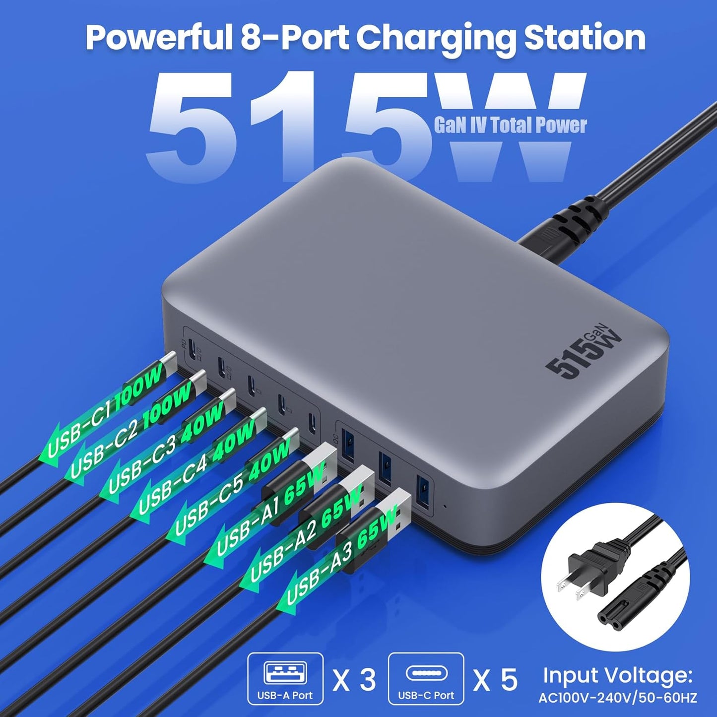 USB C Charger Block 515W[2025 Upgraded] GaN IV 8 Port Fast Charging Station Hub,Dual PD 100W USB C Laptop Charger Compatible with MacBook Pro/Air,iPad,iPhone 16/15,Galaxy S23/S24 Steam Deck Dell XPS