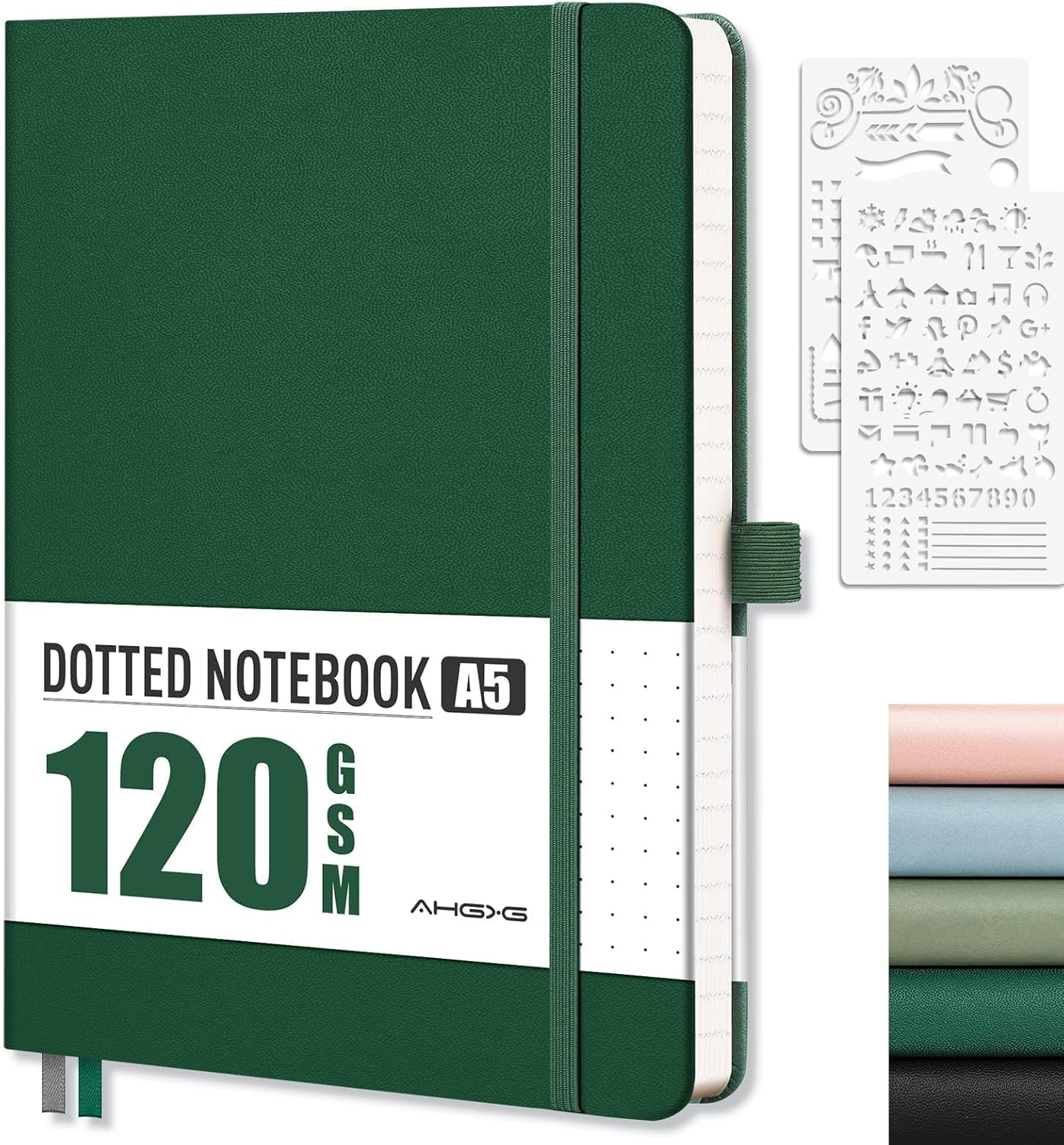 AHGXG Bullet Dotted Journal - Dot Grid Notebook Journal, 120 GSM Thick Acid-Free Paper, A5 Dotted Notebook 160 Pages, Leather Hardcover, Inner Pocket, Journal Stencil, 5.7'' × 8.3'' - Green