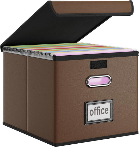 Huolewa Faux Leather File Organizer Box with Lid, Collapsible Hanging File Folder Box Organizer with Plastic Slides, Decorative Home/Office Filing Boxes for File and Folder Storage - Dark Brown