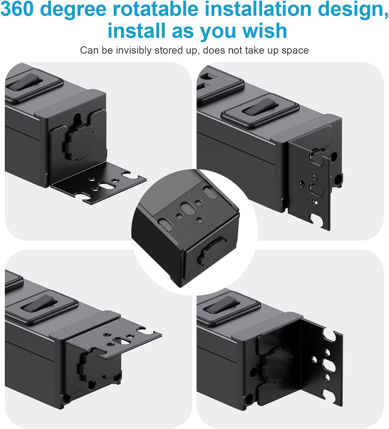 HHSOET 360° Rotating 12 Outlet Mountable Power Strip, Metal Gaming Table Mounted Outlet Strip, Heavy Duty Wall Mount Surge Protector with Switch, Works Great and Very Versatile, 3ft Power Cord.Black