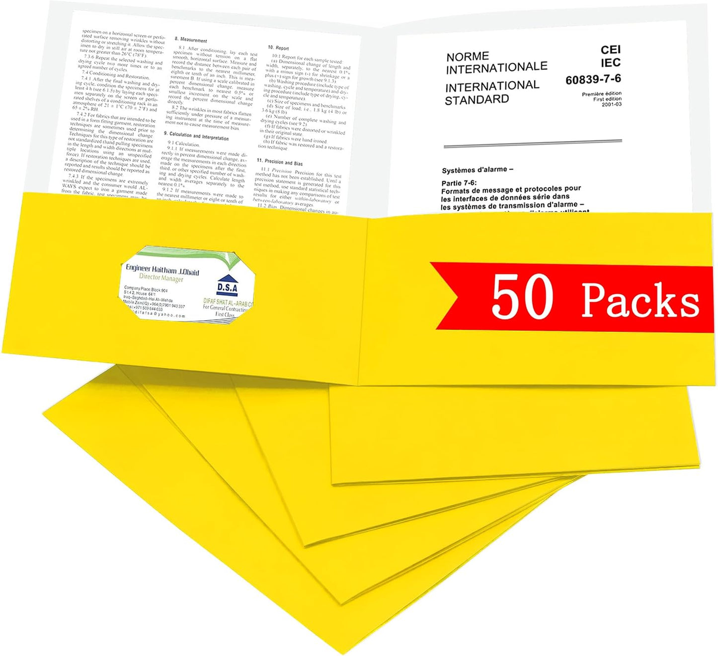 Zzrywuty 50 Packs Two Pocket File Folders with Business Card Slot,Textured Paper,Letter Size,Holds 100 Plus Sheets for School,Office,Business,Yellow