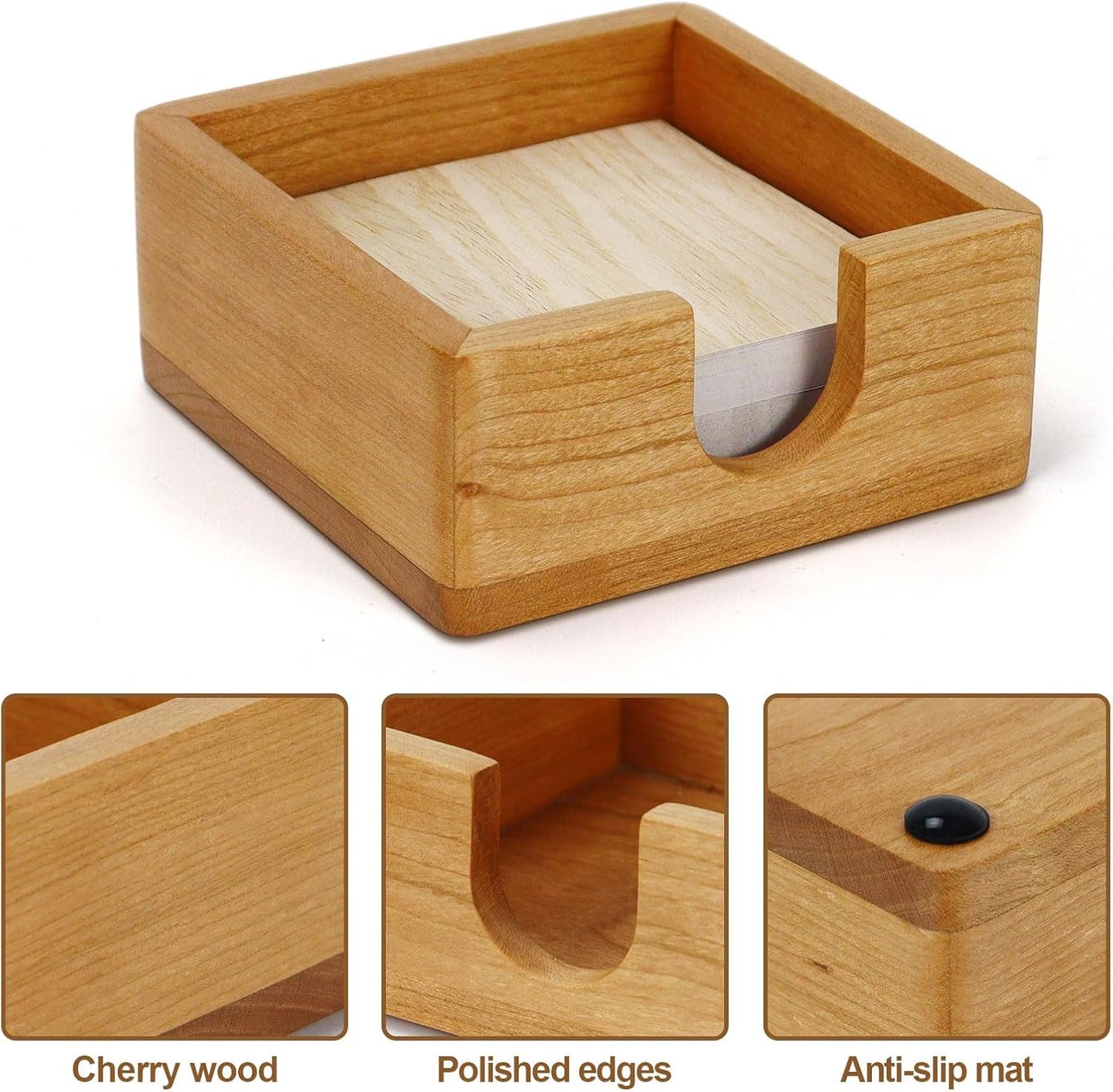 Buqoo Cherry Wood Desk Organizer Set, Tape Dispenser, Sticky Note Holder, Pen Cup - Compact Office Storage for School Home Office Decor