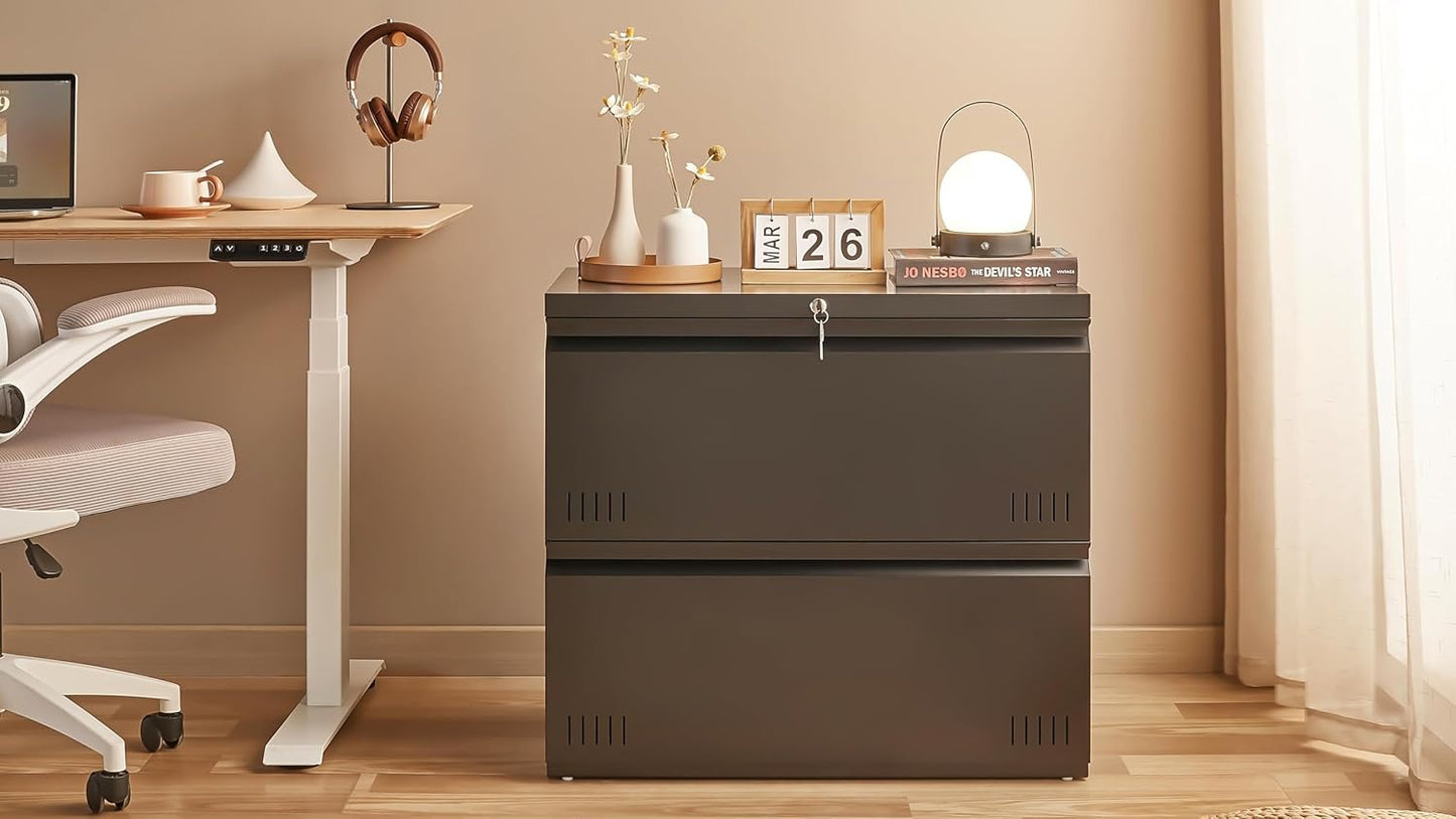 Metal File Cabinet with Lock, 2 Drawer Lateral File Cabinets for Home Office, Printer Stand, Heavy Duty Office Storage Cabinet for A4/Letter/Legal Size, Assembly Required(Black)