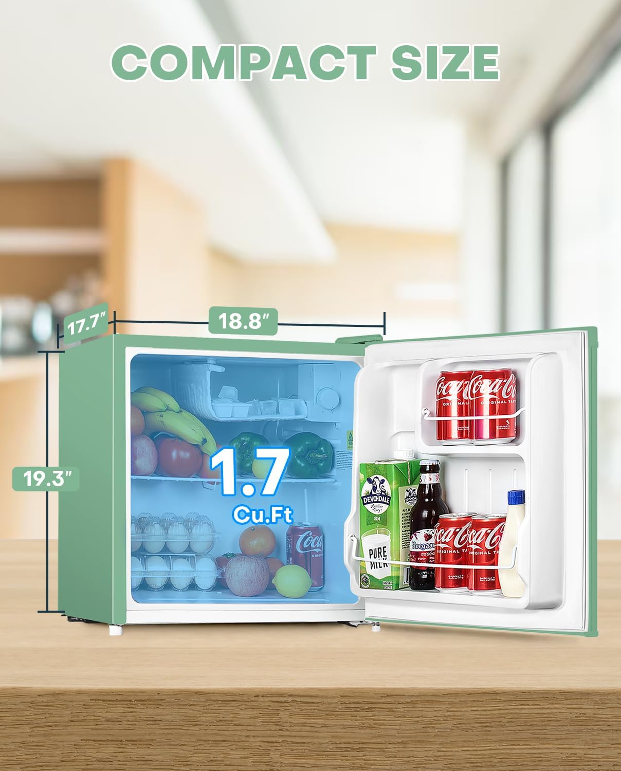 Upstreman 1.7 Cu.ft Mini Fridge with Freezer, Dorm Essentials, Adjustable Thermostat, Energy Saving, Low Noise, Single Door Compact Refrigerator for Dorm, Office, Bedroom, Mint Green-FR17