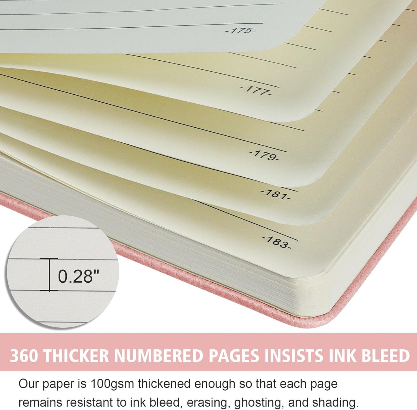 Lined Journal Notebook, 360 Numbered Pages(With page number), Thick Journal for Writing B5 College Ruled Notebook, 100gsm Lined Paper, Leather Hardcover, 9.8'' X 6.9''-Pink