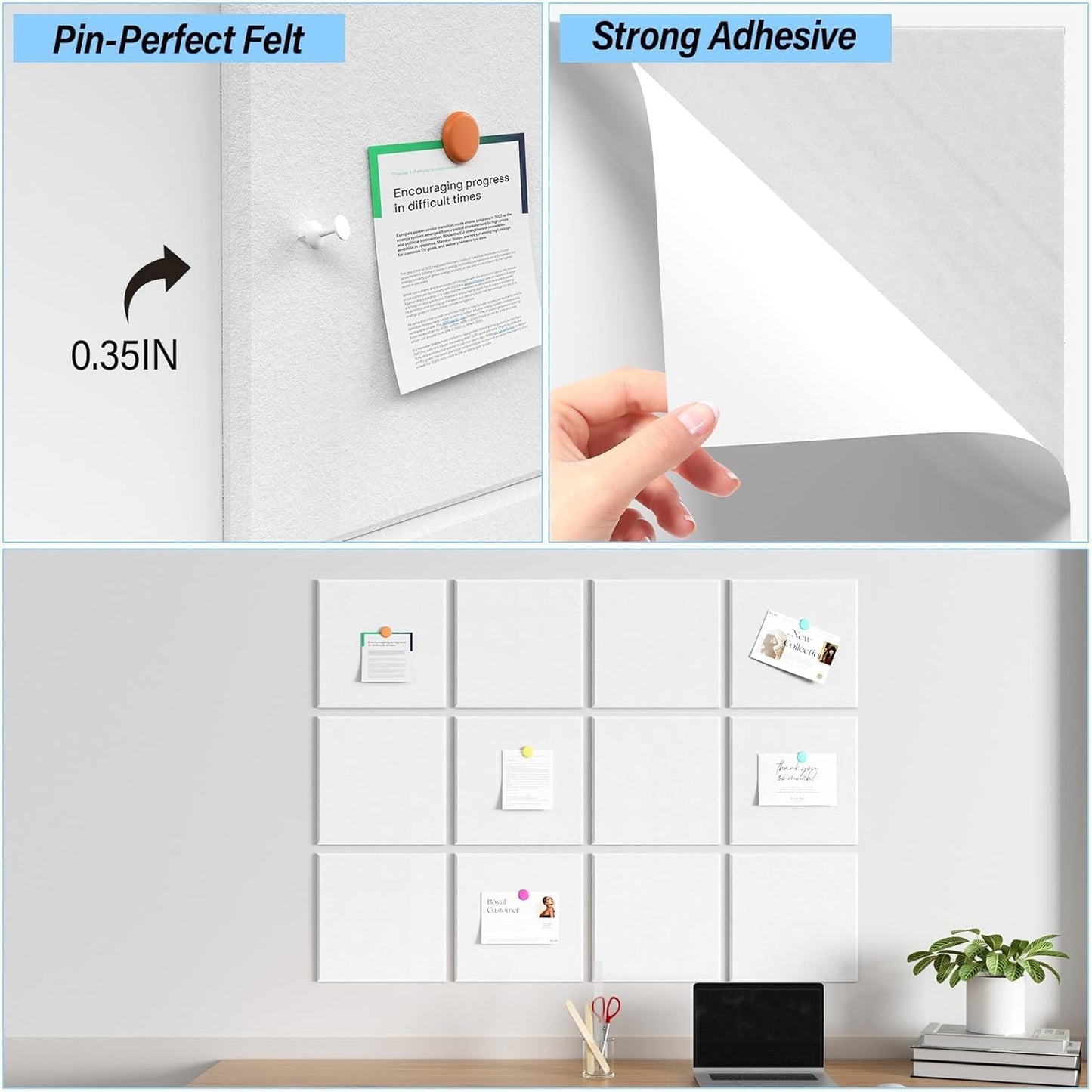 Large Cork Boards for Walls – 48 x 36 Self Adhesive Felt Wall Tiles, Ideal for Office Wall Organizing Bulletin Board, Easy to Install Cork Boards Felt Board