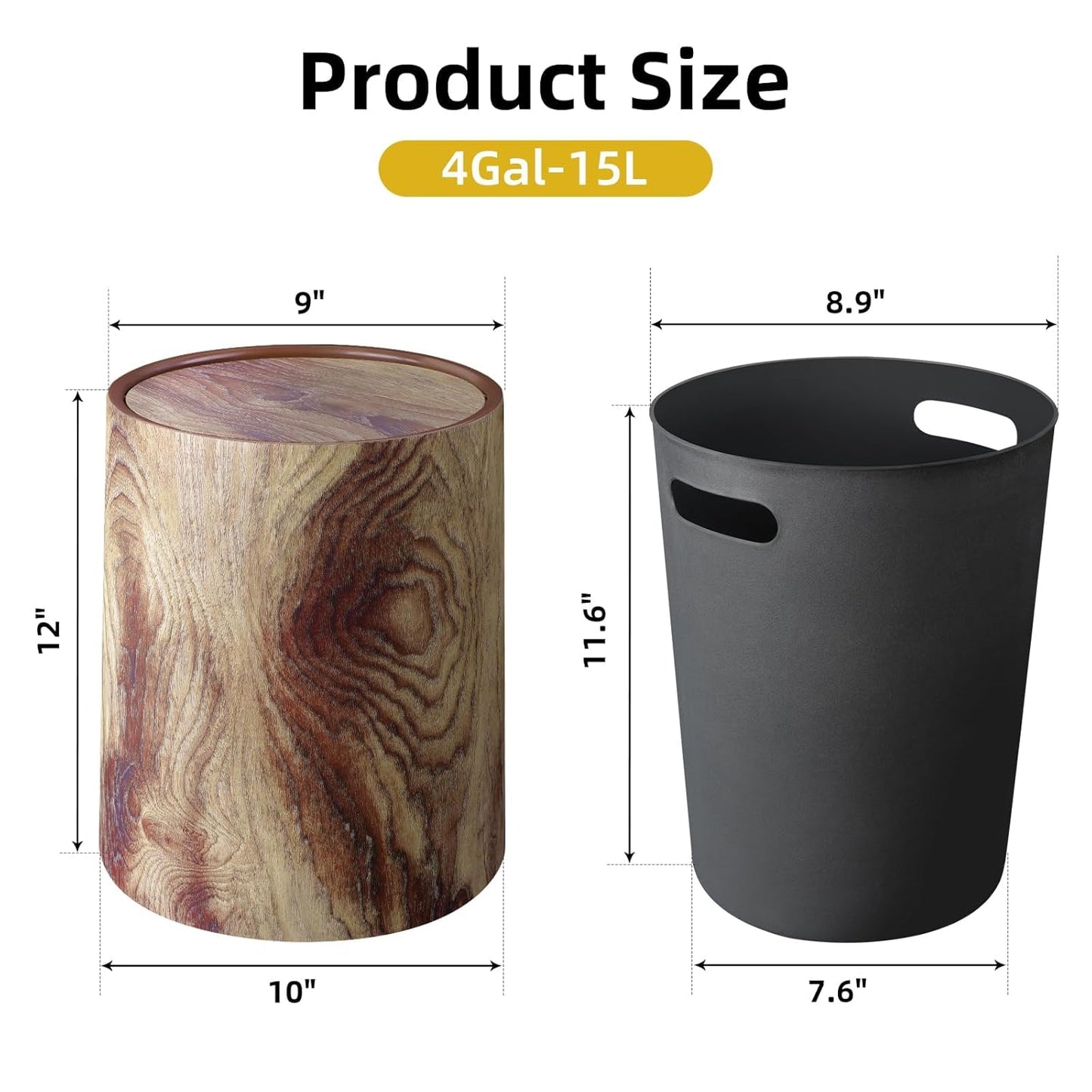 Wood Grain Plastic Trash Can Swing Top Lid, 4Gal/15L Farmhouse Wastebasket Bin Retro Style with Inner Bucket, Bathroom Trash Can Hidden Bag for Room Aesthetic, Round Brown Garbage Can 2pack
