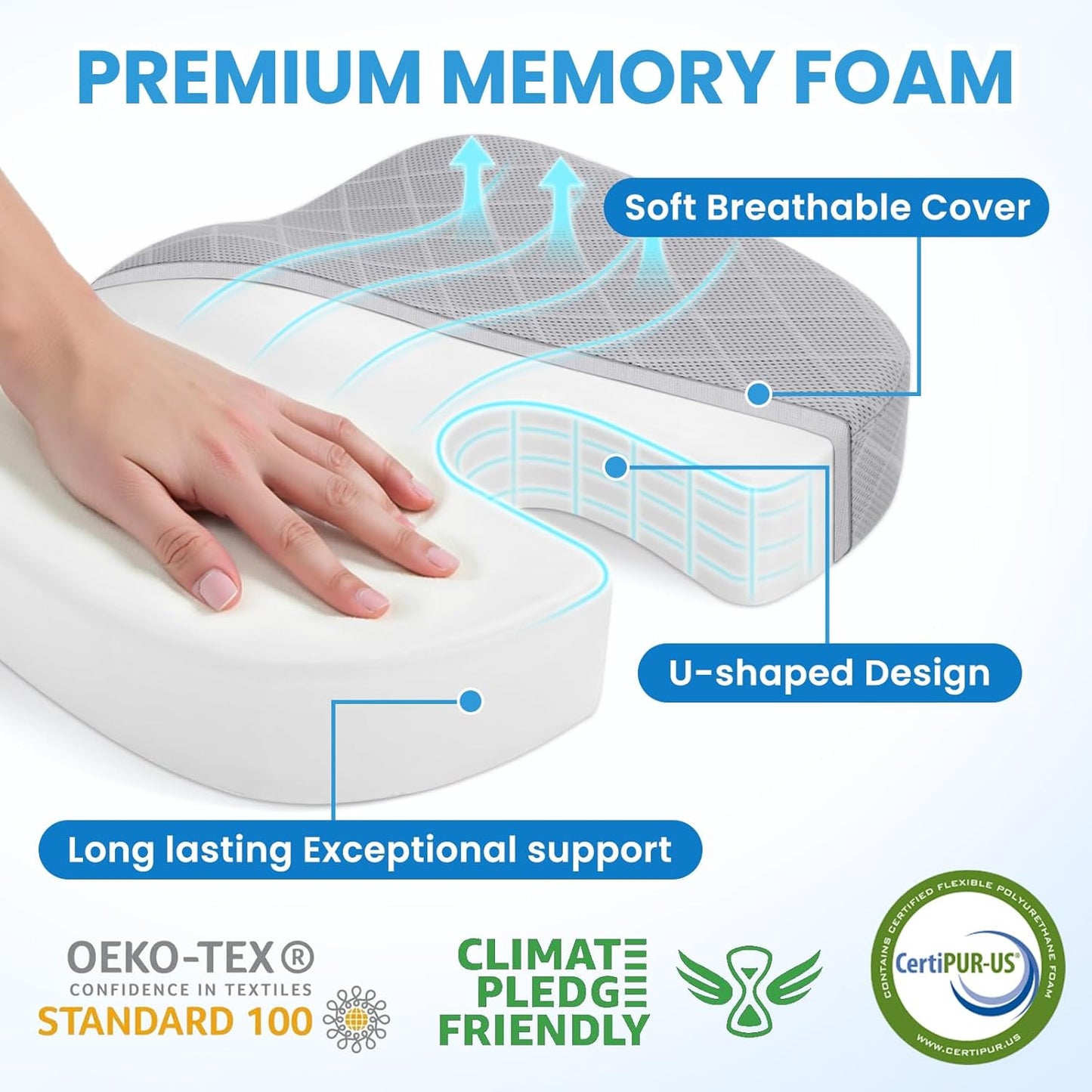 TushGuard Office/Car Seat Cushion, Non-Slip Sciatica & Back Coccyx Tailbone Pain Relief Chair Pad, Memory Foam Butt Pillow for Computer Desk, Wheelchair, Driving (Light Grey, X-Large)