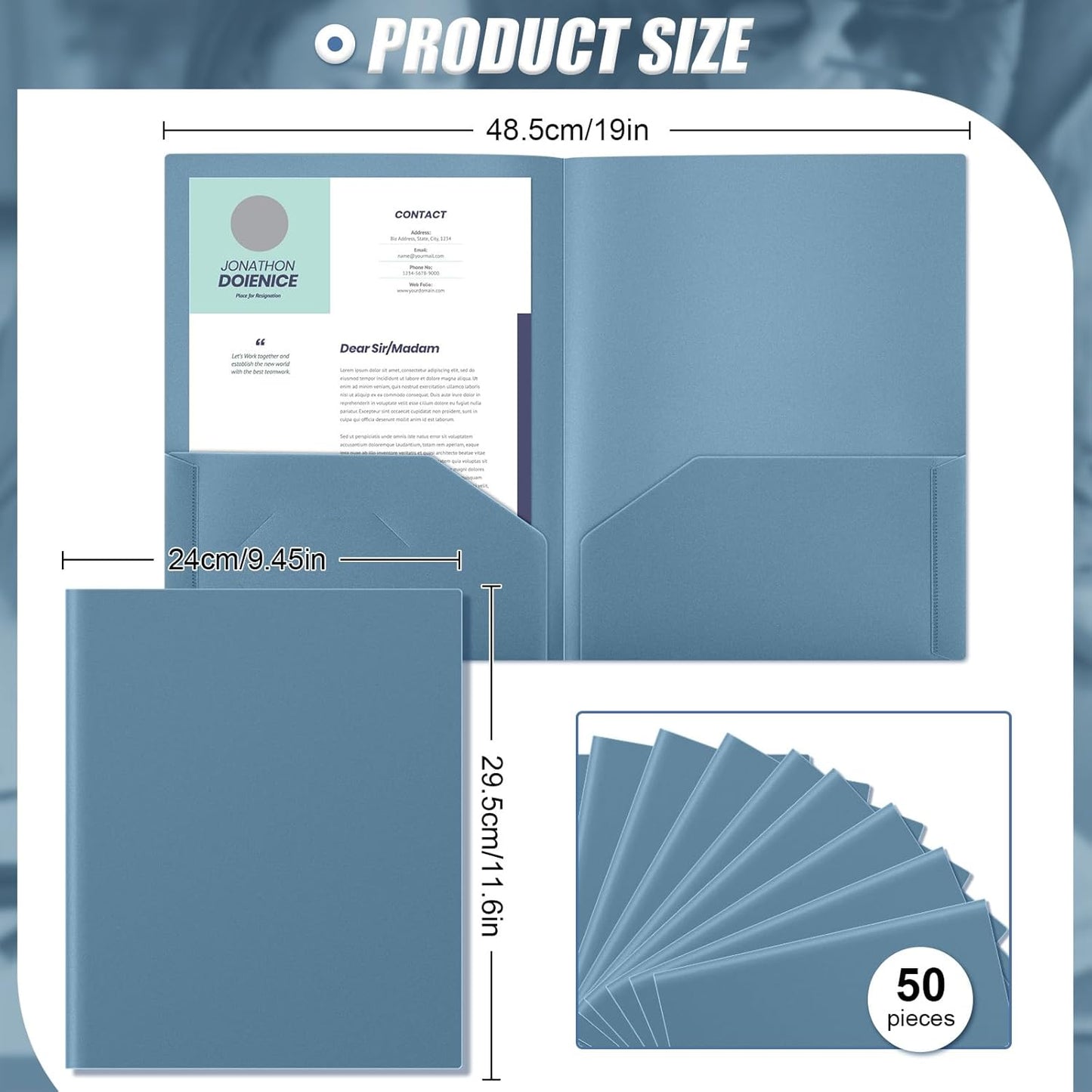 Gueevin 50 Pcs Plastic Folders with Pockets, Back to School Two Pocket Folder Fit Letter Size, Heavy Duty School Business Card Holder for Home Office, 11. 61 x 9. 45 Inches (Blue Gray)