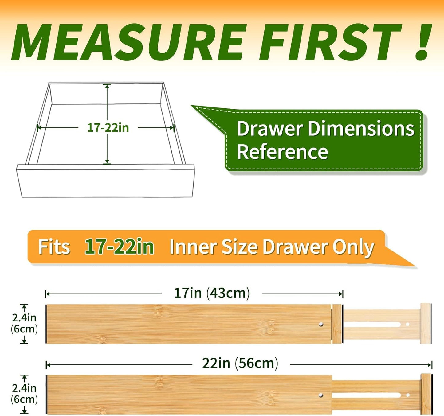 6 pcs Large Bamboo Drawer Dividers, Expandable 17"-22" Wooden Organizers for Kitchen, Office, Dresser, Bedroom, Clothes