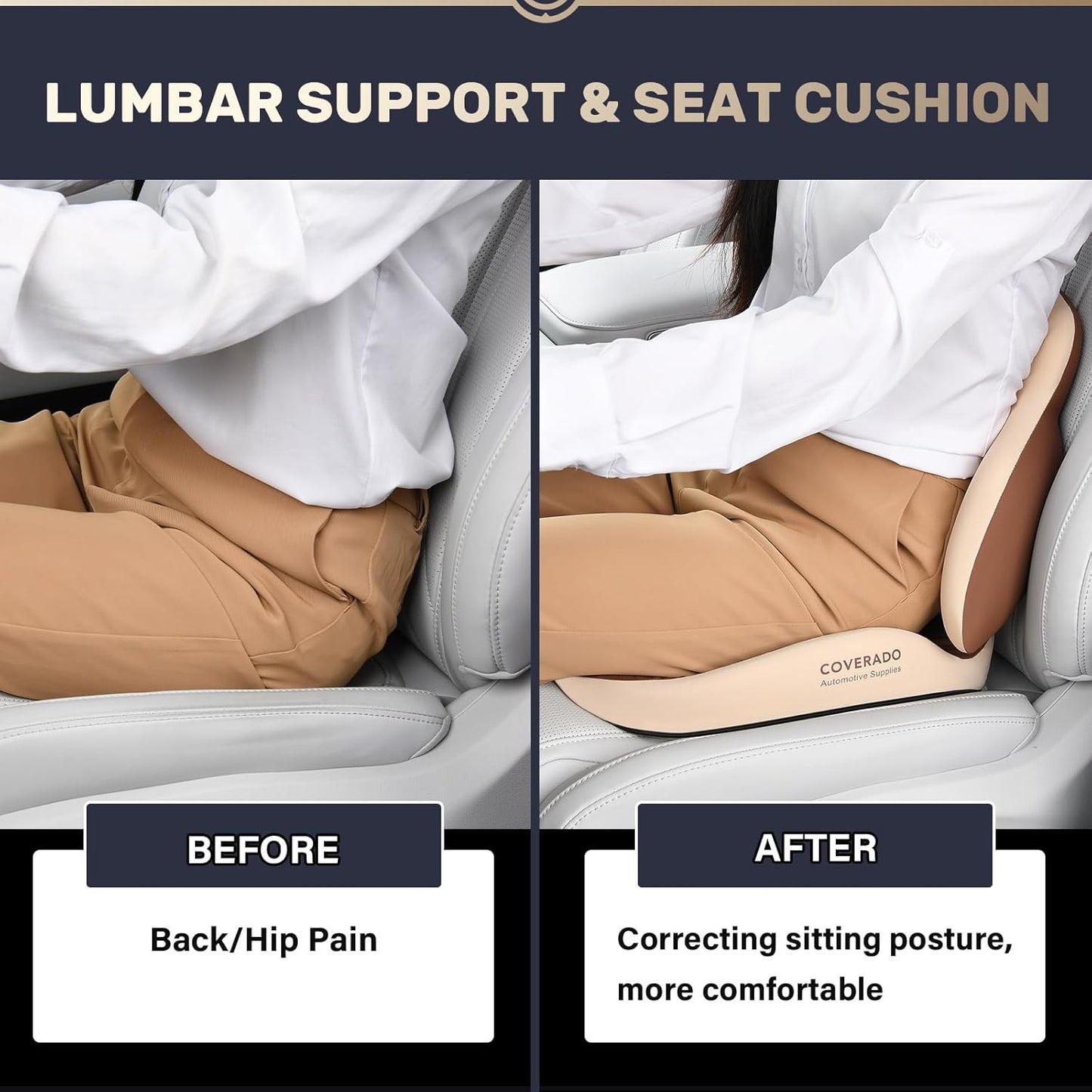 Coverado Seat Cushion and Lumbar Support Pillow for Car Office Chair, Ergonomic Memory Foam Desk Chair Cushion Back Support Pillow, Sciatica & Back & Tailbone Pain Relief Cushion-Beige