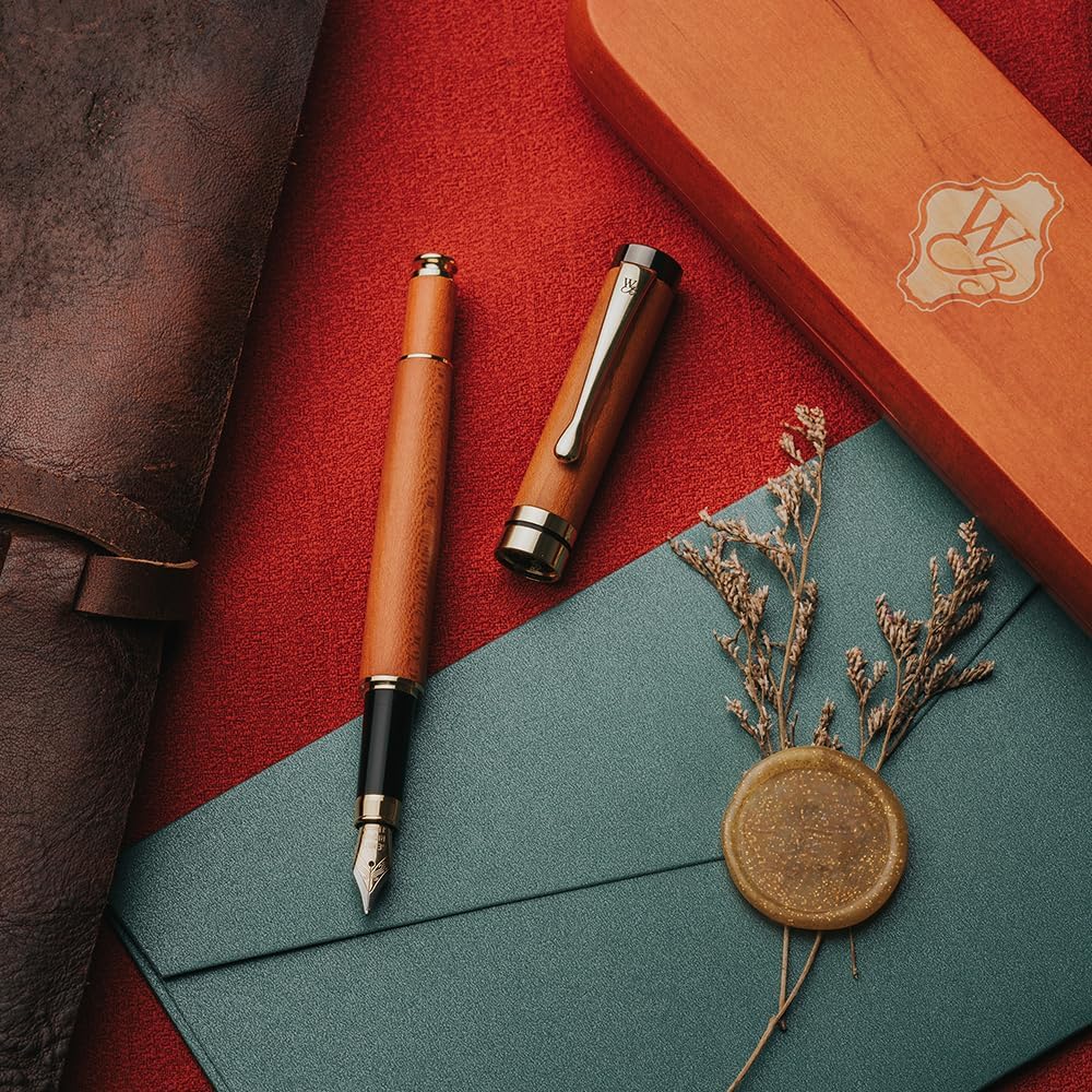 Wordsworth & Black Fountain Pen Set, Luxury Bamboo Wood - Extra Fine Nib, Gift Case; Includes 6 Ink Cartridges, Ink Refill Converter -Journaling, Calligraphy; Drawing, Smooth Writing [Cherry Wood]