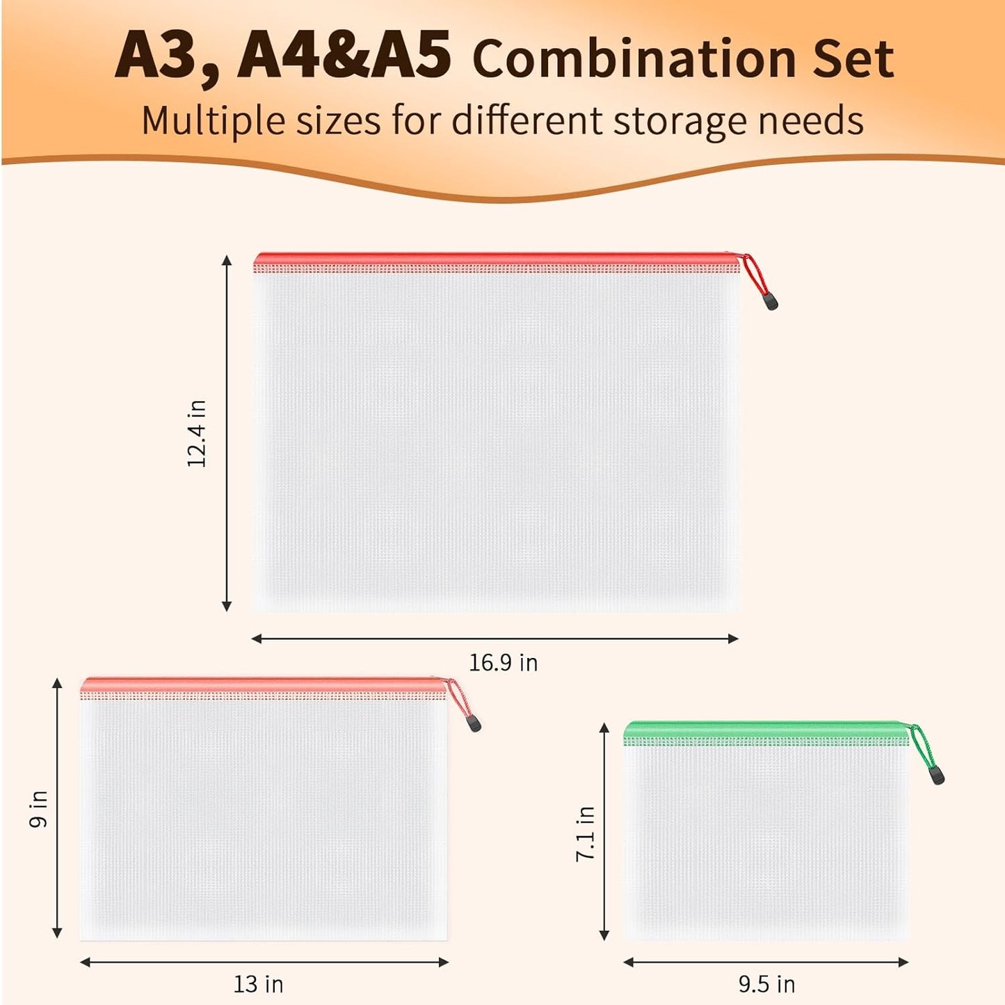 Umriox Mesh Zipper Pouch Bags, A3+A4+A5, (6 colors, 18 Packs), Clear Zipper Pouches, Waterproof Zipper Pouches for Office Supplies Cosmetics Travel Storage