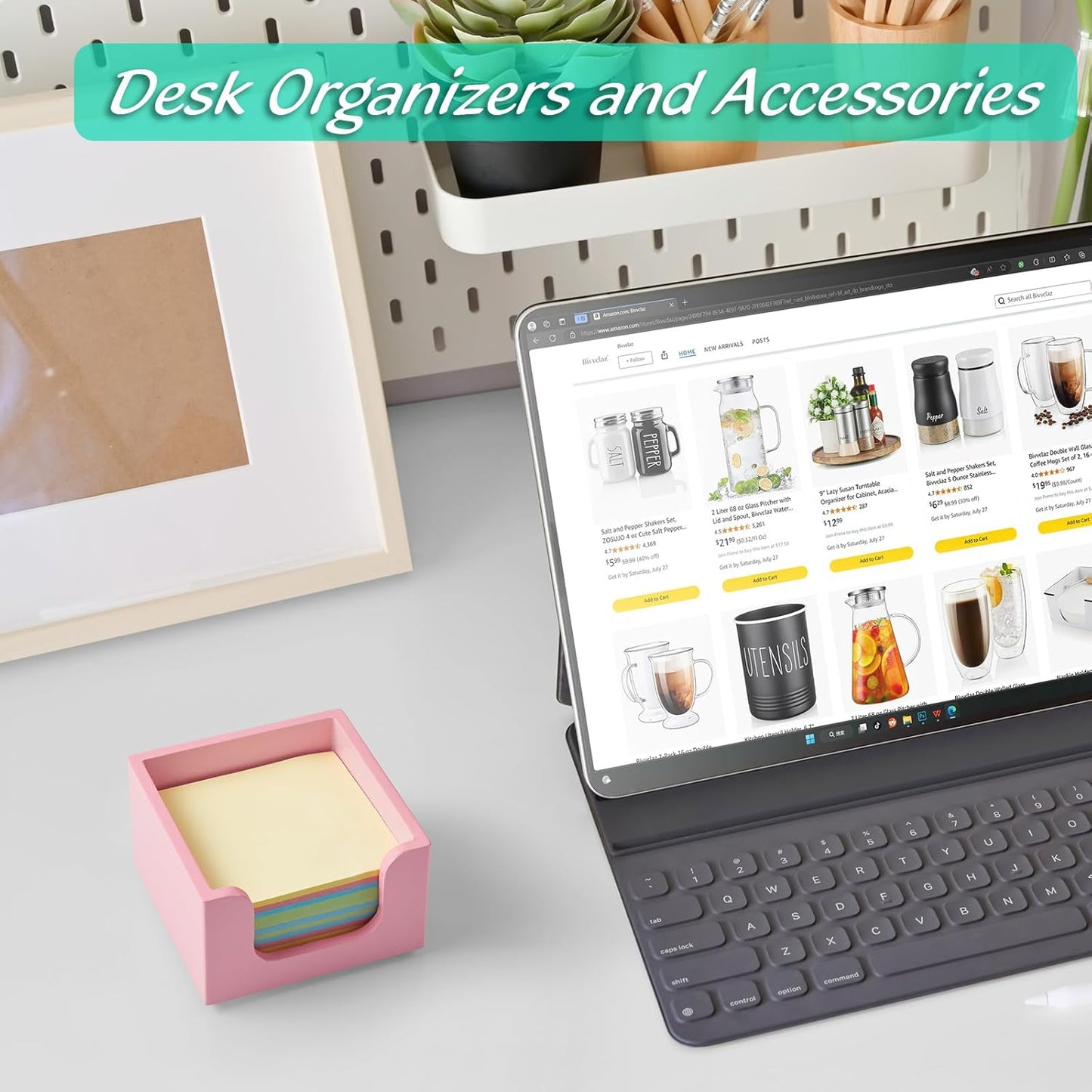 Wood Sticky Note Holder, Post It Note Dispenser for Office Desk Accessories, Self Stick Note Pad Holder, Memo Pad Holder Dispenser Organizer for School Office Desk Supplies, Pink