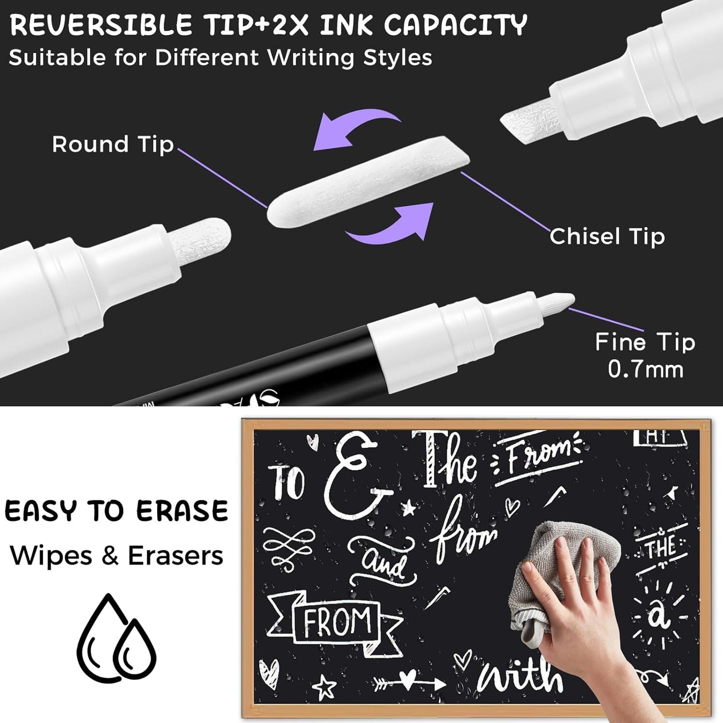 SFAIH White Liquid Chalk Marker Pen - 8 Wet Erase Chalkboard Markers for Blackboard, Signs, Windows, Glass, 4.5-6mm Reversible Tip & 0.7-1mm Fine Tip