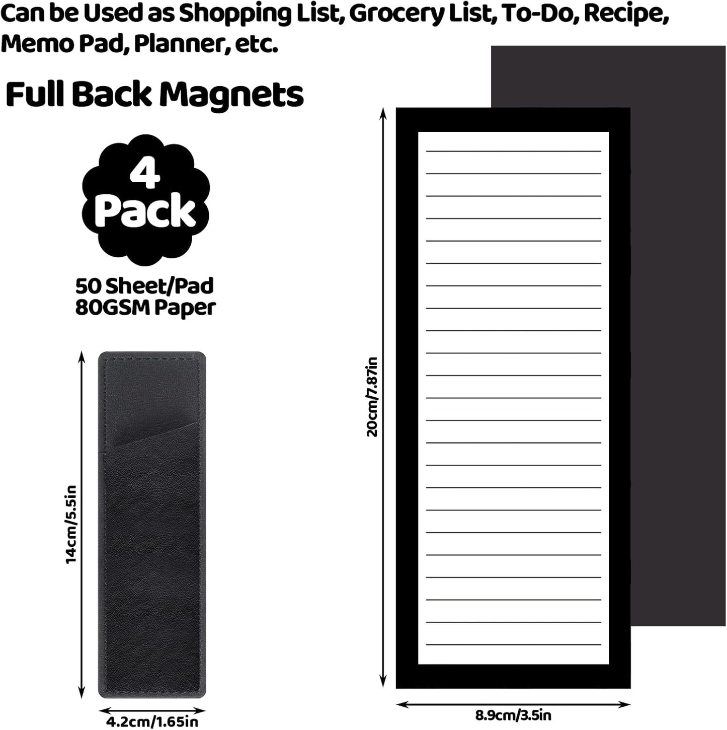 4 Pack Magnetic Note Pad for Fridge with Pen Holder, Totally 200 Sheets Magnetic To Do List, Shopping List, Grocery List, Memo Pads for Refrigerator（Black Border）