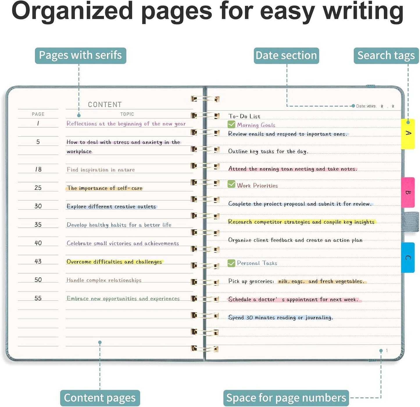 AHGXG Lined Spiral journaling notebooks With Numbered Pages, Hardcover Leather College Ruled Notebook 5.7" x 8.3" A5, light ivory Paper, Notebooks for School Work, Journals for Women,GrayBlue