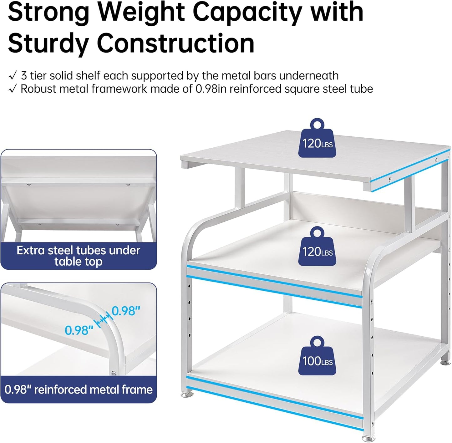 Printer Stand, 25.6" x 23.6" x 30.9" Extra Large Printer Table with Adjustable Storage Shelf, 3 Tier Rolling Printer Cart with Industrial Wheels for Home Office, White