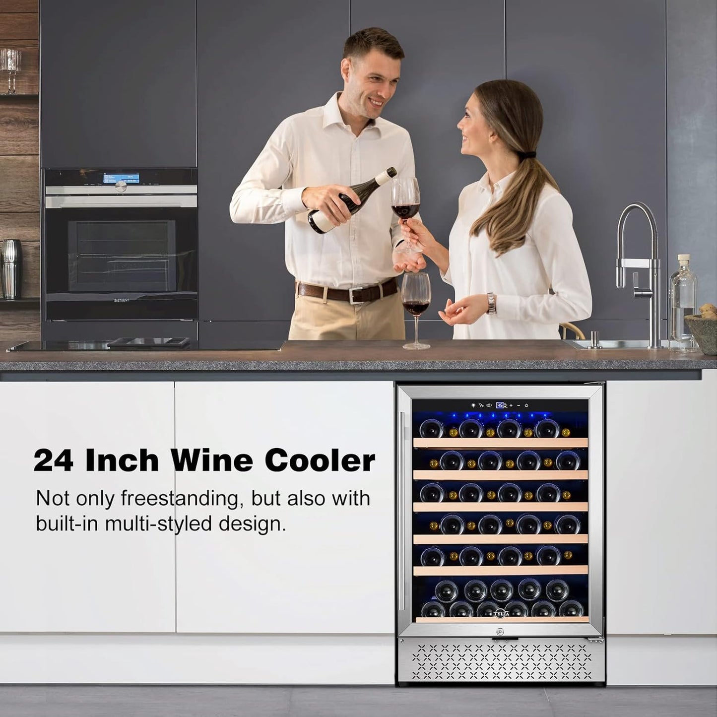 Tylza 24 Inch Wine Cooler Refrigerator, 51 Bottle Built-in or Freestanding, 24'' Fridge with Stainless Steel & Double Layer Tempered Glass Door and Temperature Memory Function