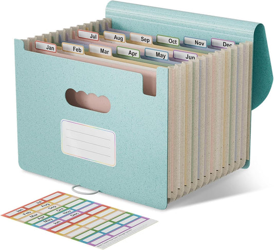Accordion File Organizer, 13 Pockets Wheat Straw Expanding File Folder, Portable Monthly Paper Bill Tax Receipt Organizer, Letter A4 Size Document Holder with Colorful Tab - Sky Blue
